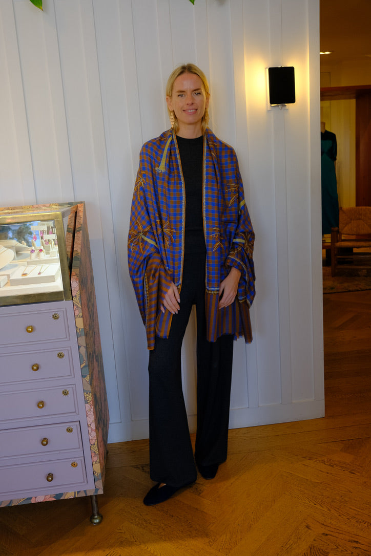 YASER SHAW | BLUE BROWN PLAID PALM TREE SHAWL | WOMEN'S LUXURY DESIGNER CLOTHING, SHOES, HANDBAGS & JEWELRY | CAPITOL CHARLOTTE, NC & BRENTWOOD, CA