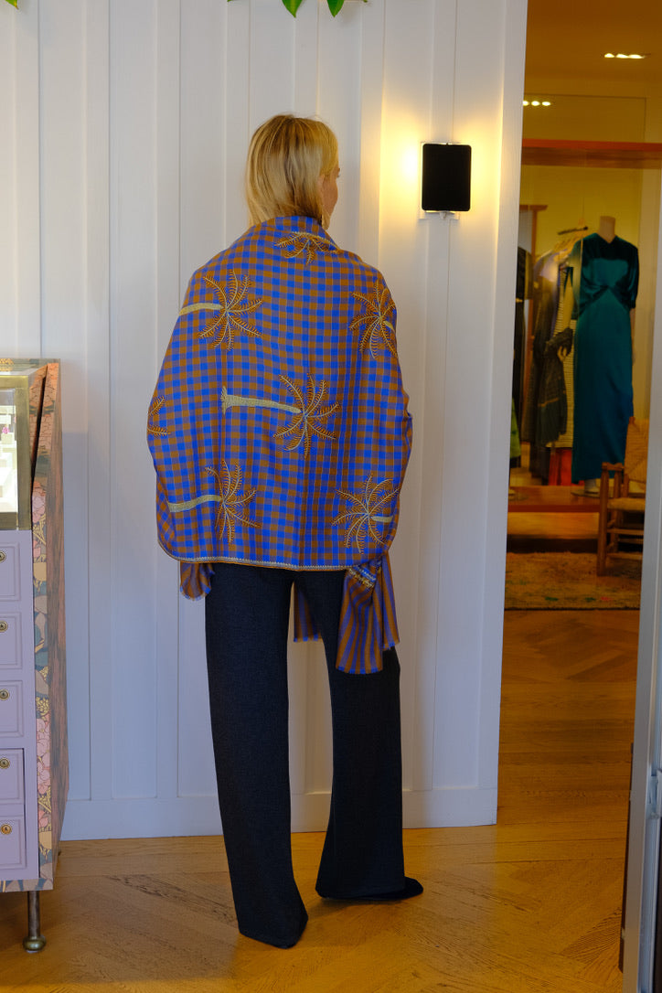 YASER SHAW | BLUE BROWN PLAID PALM TREE SHAWL | WOMEN'S LUXURY DESIGNER CLOTHING, SHOES, HANDBAGS & JEWELRY | CAPITOL CHARLOTTE, NC & BRENTWOOD, CA