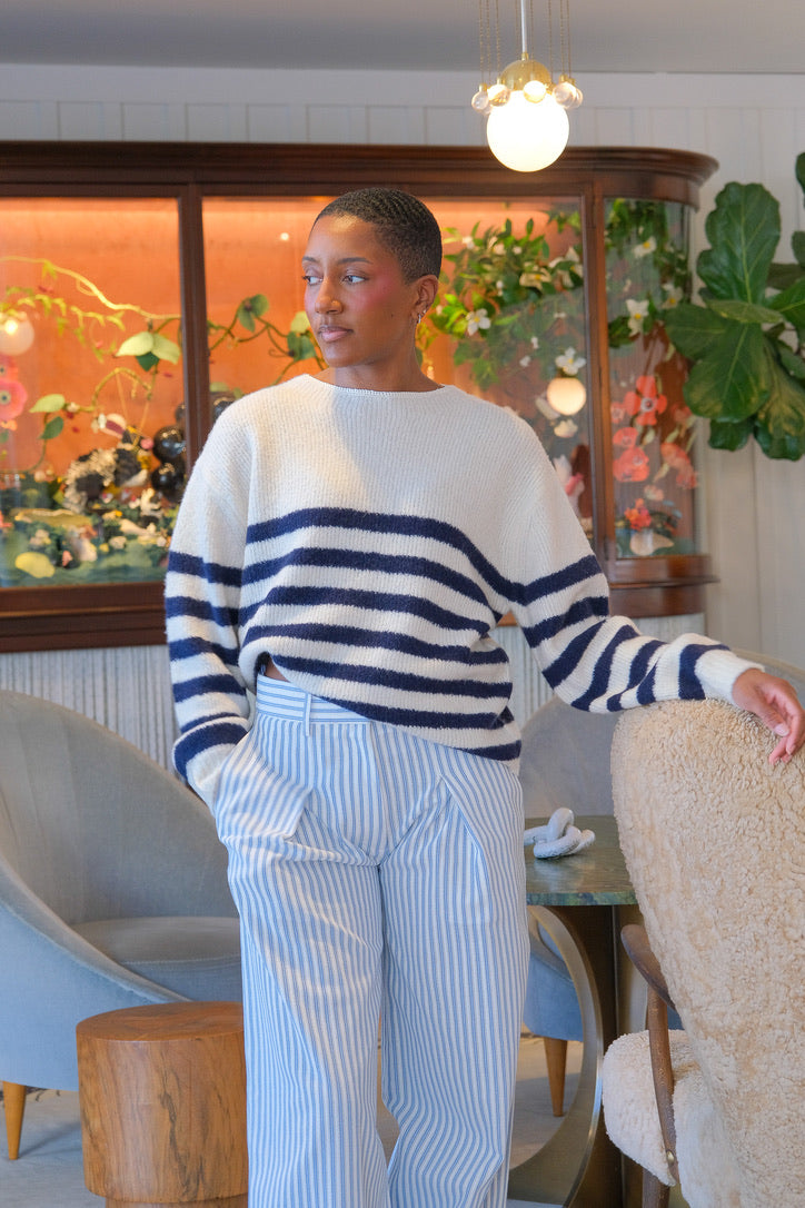 FORTE FORTE | CASHMERE MARINIERE KNIT WITH CROCHET NECK