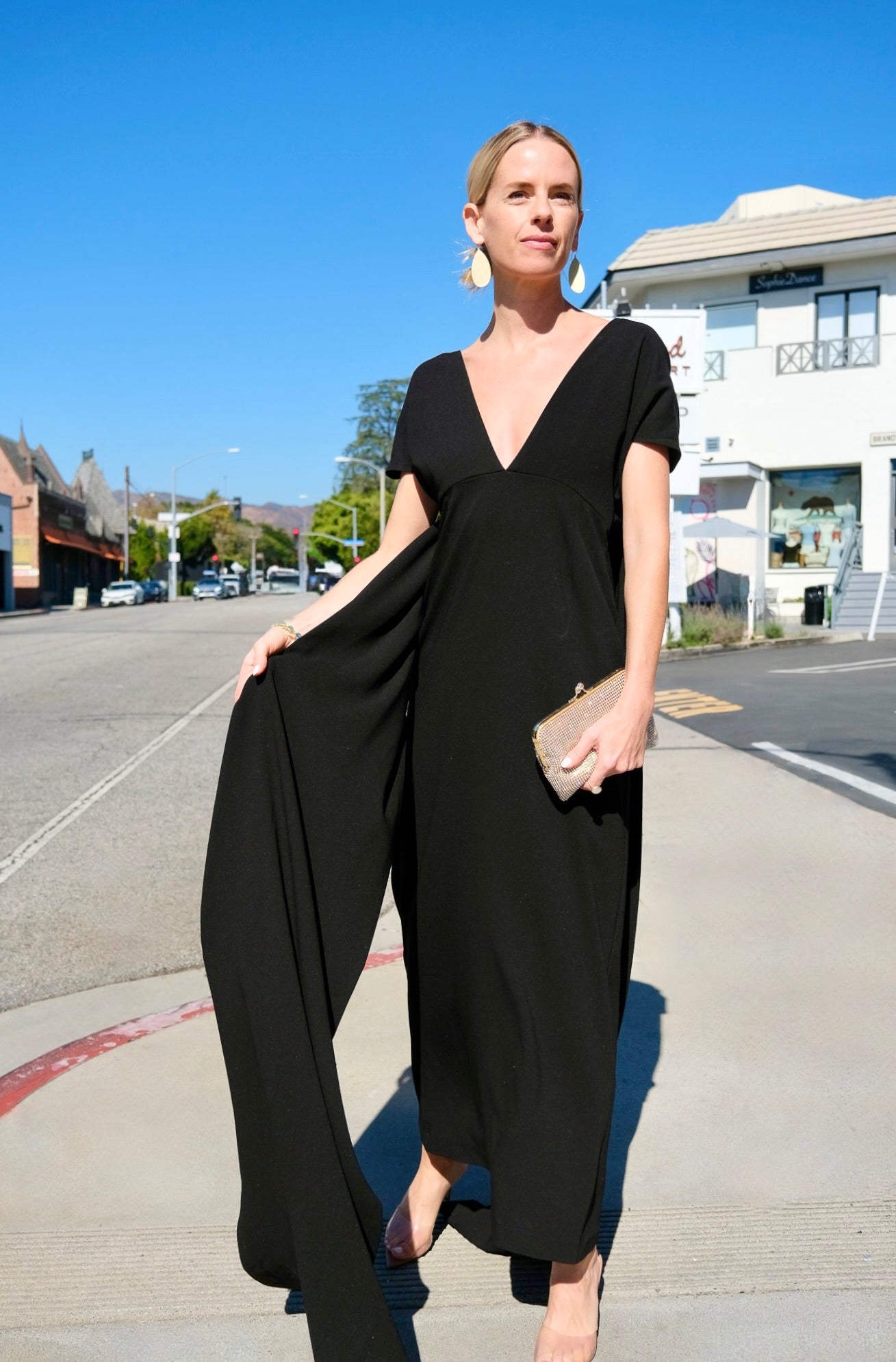 BERNADETTE | BLACK CAPE CLARA DRESS | WOMEN'S LUXURY DESIGNER CLOTHING, SHOES, HANDBAGS & JEWELRY | CAPITOL CHARLOTTE, NC & BRENTWOOD, CA