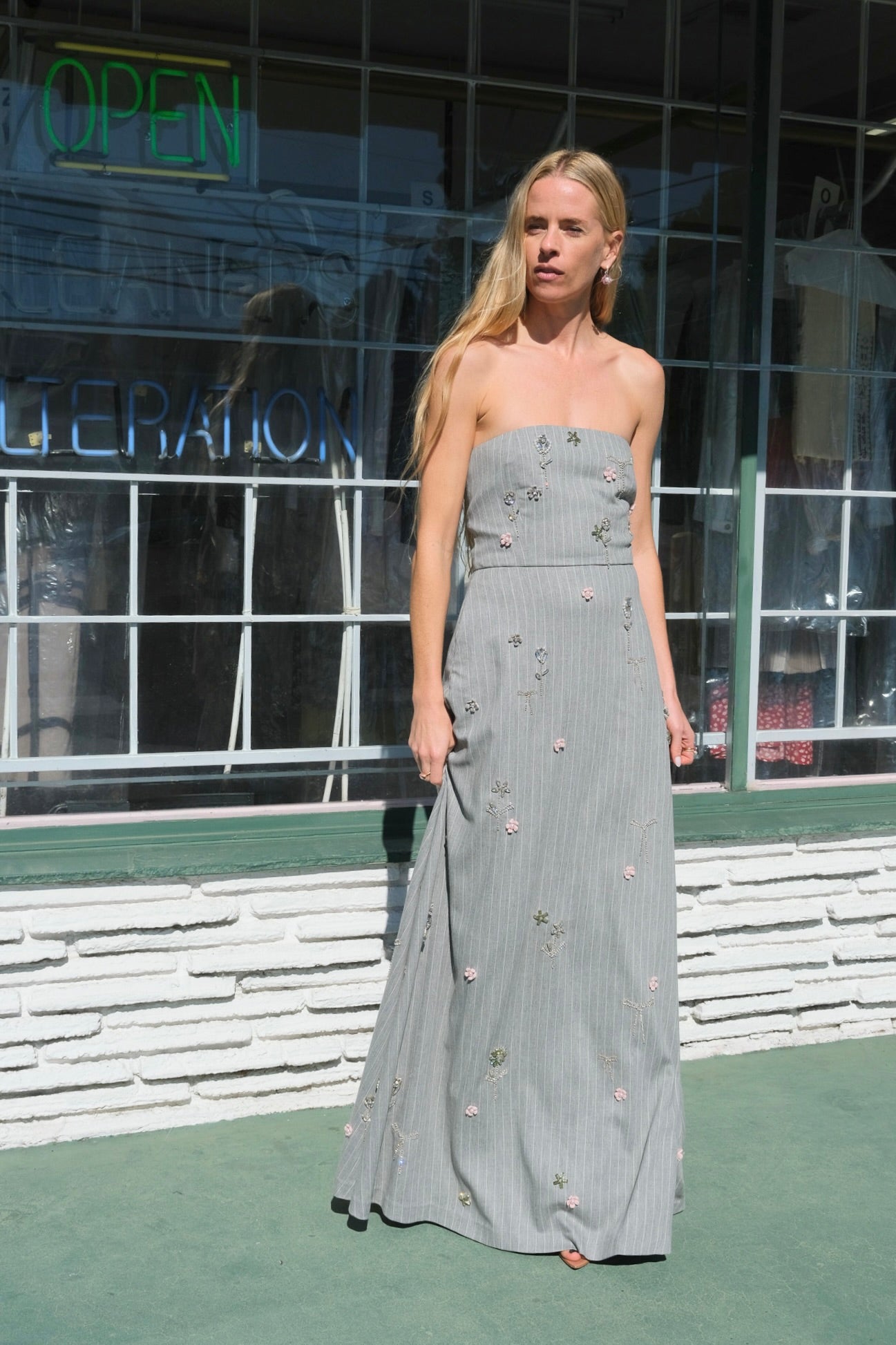 bernadette dress BERNADETTE | EMBELLISHED PINSTRIPE CASWELL DRESS