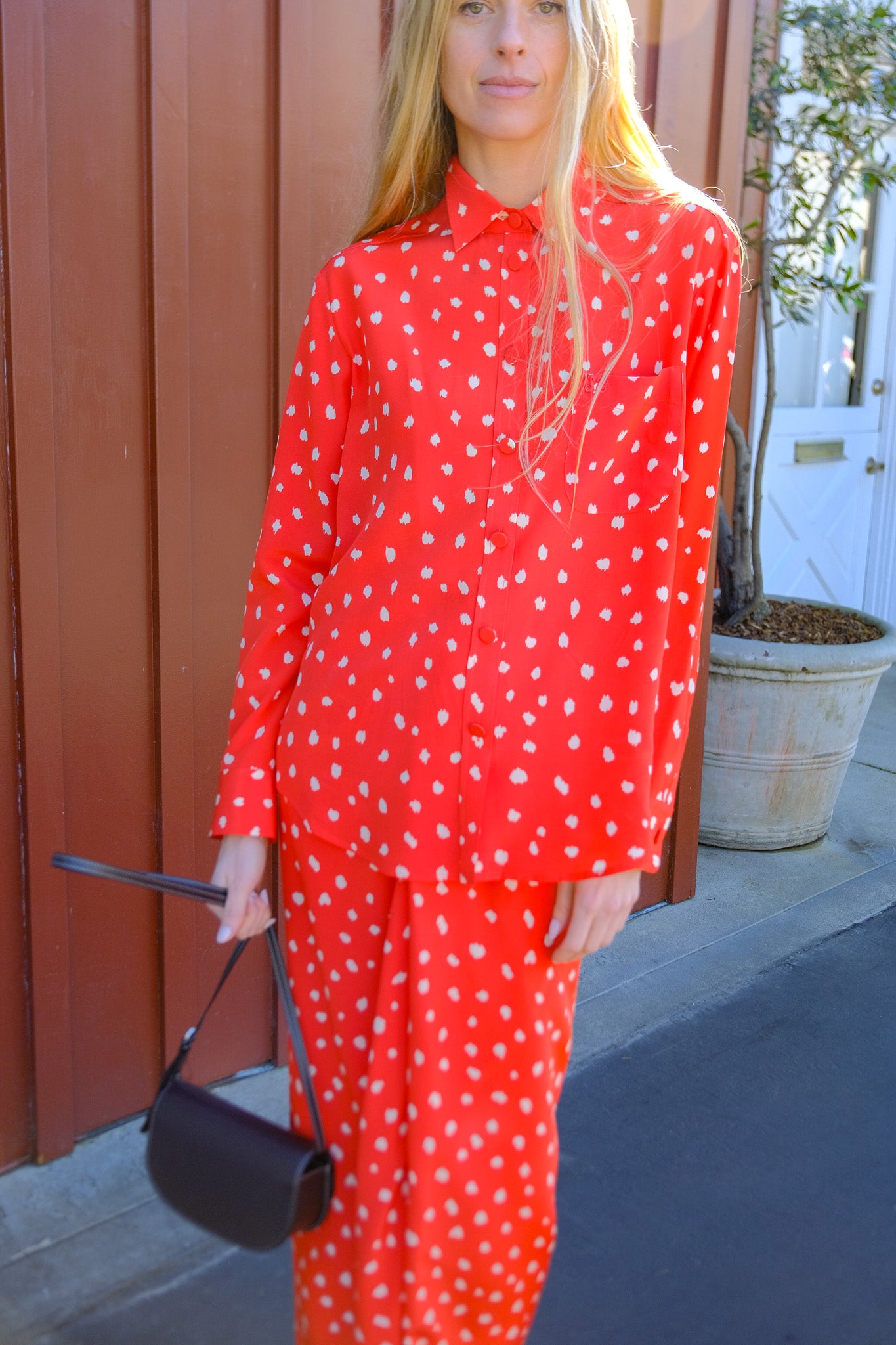 BLAZE | MARIQUITA CRAB ANABAS SHIRT | Silk button down blouse | Crab red silk with irregular white polka dot print | Straight-point collar | Chest pocket with embroidered logo | Regular fit | Fabric covered buttons | Composition: 100% silk | Care: Professional dry cleaning | Made in Italy | Available in Brentwood, CA