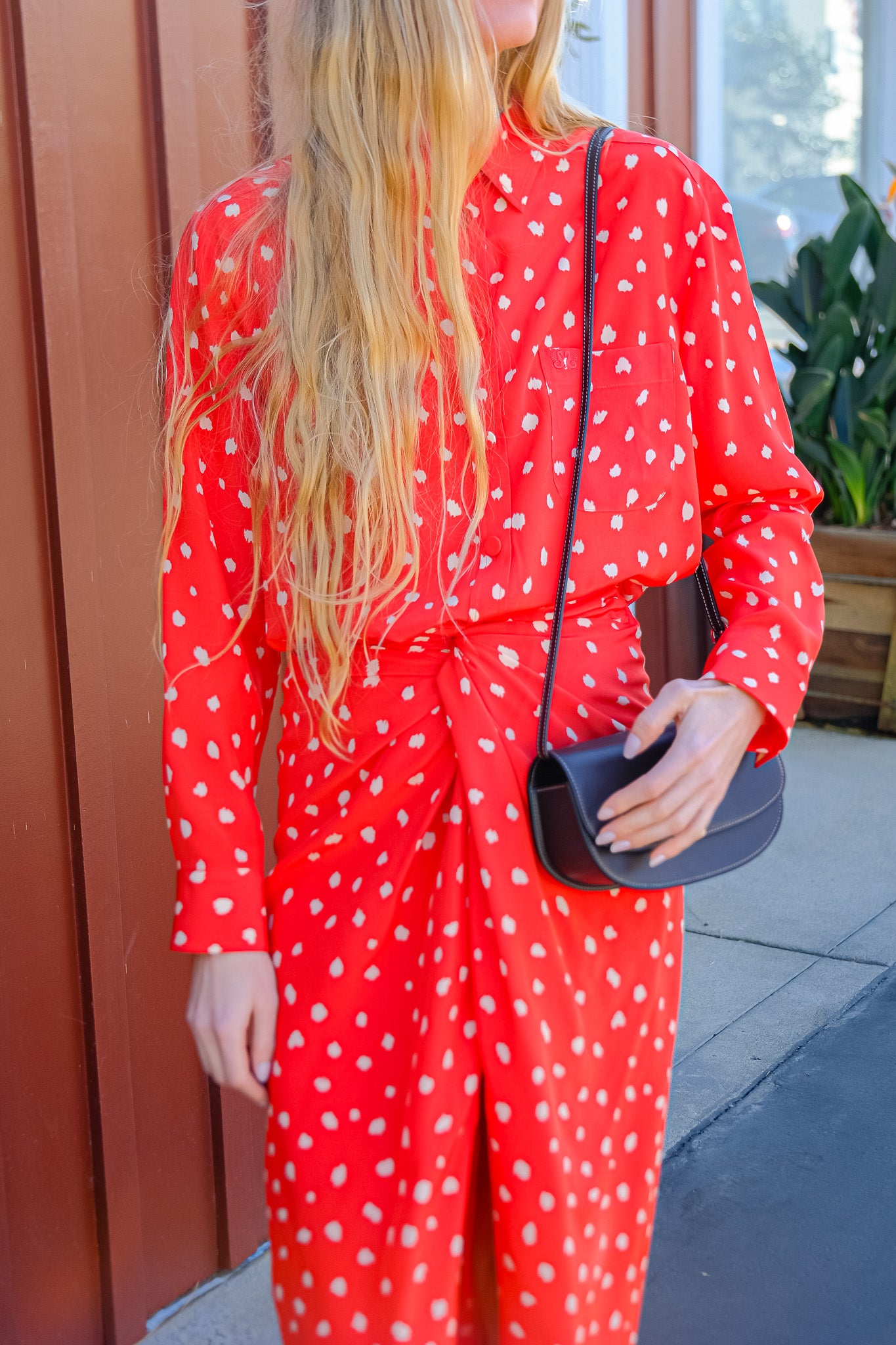 BLAZE | MARIQUITA CRAB ANABAS SHIRT | Silk button down blouse | Crab red silk with irregular white polka dot print | Straight-point collar | Chest pocket with embroidered logo | Regular fit | Fabric covered buttons | Composition: 100% silk | Care: Professional dry cleaning | Made in Italy | Available in Brentwood, CA