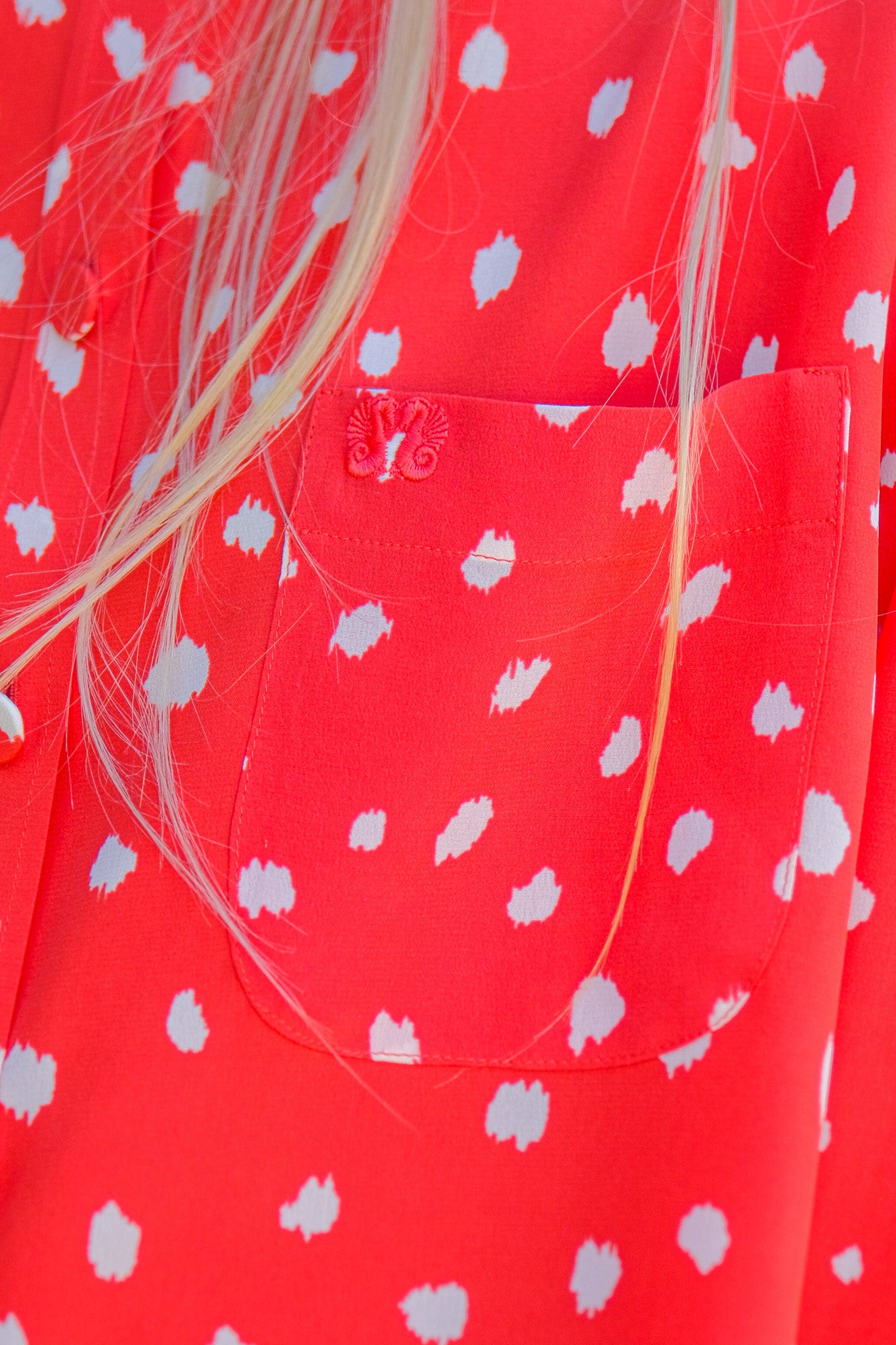 BLAZE | MARIQUITA CRAB ANABAS SHIRT | Silk button down blouse | Crab red silk with irregular white polka dot print | Straight-point collar | Chest pocket with embroidered logo | Regular fit | Fabric covered buttons | Composition: 100% silk | Care: Professional dry cleaning | Made in Italy | Available in Brentwood, CA