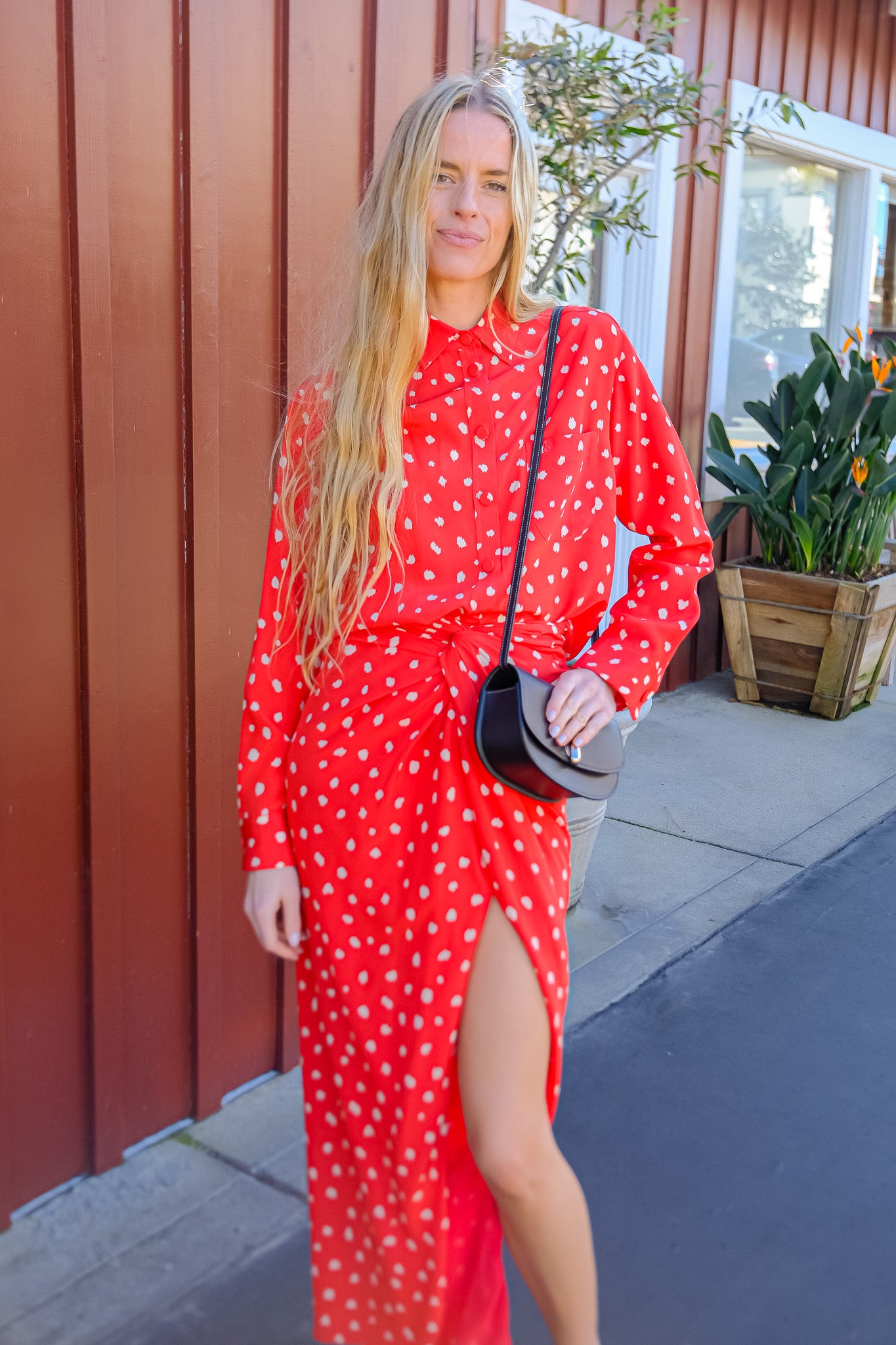 BLAZE | MARIQUITA CRAB ANABAS SHIRT | Silk button down blouse | Crab red silk with irregular white polka dot print | Straight-point collar | Chest pocket with embroidered logo | Regular fit | Fabric covered buttons | Composition: 100% silk | Care: Professional dry cleaning | Made in Italy | Available in Brentwood, CA