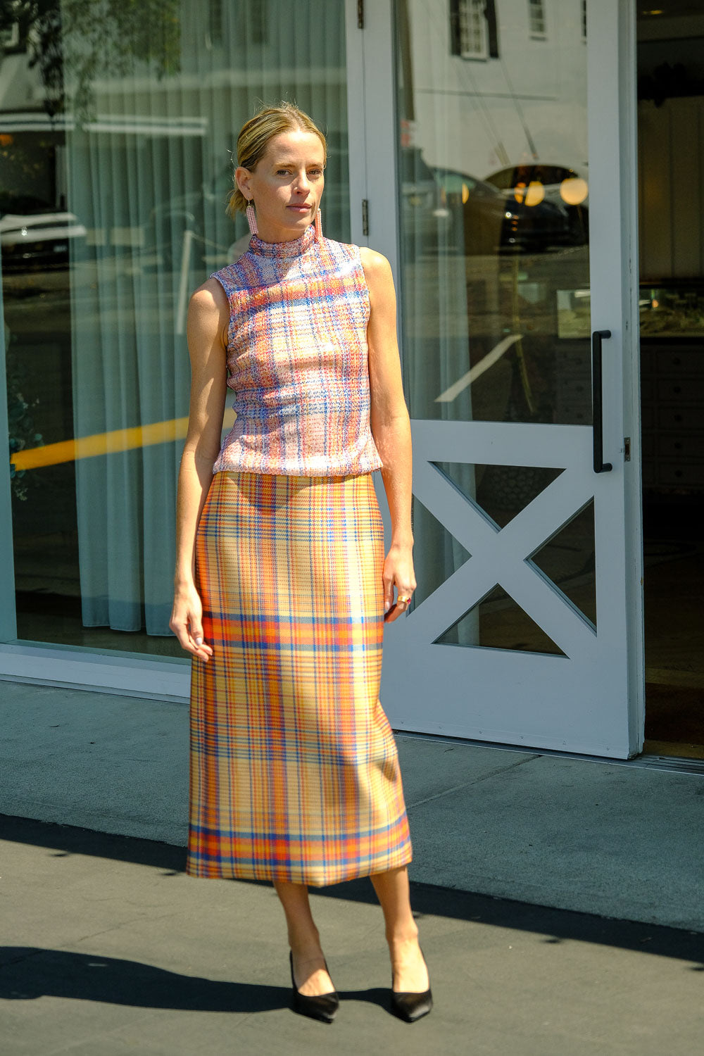 BRANDON MAXWELL | ORANGE PLAID MERCER SKIRT | CAPITOL | WOMEN'S DESIGNER CLOTHING, ACCESSORIES, AND HANDBAGS | CHARLOTTE, NC & BRENWOOD, CA