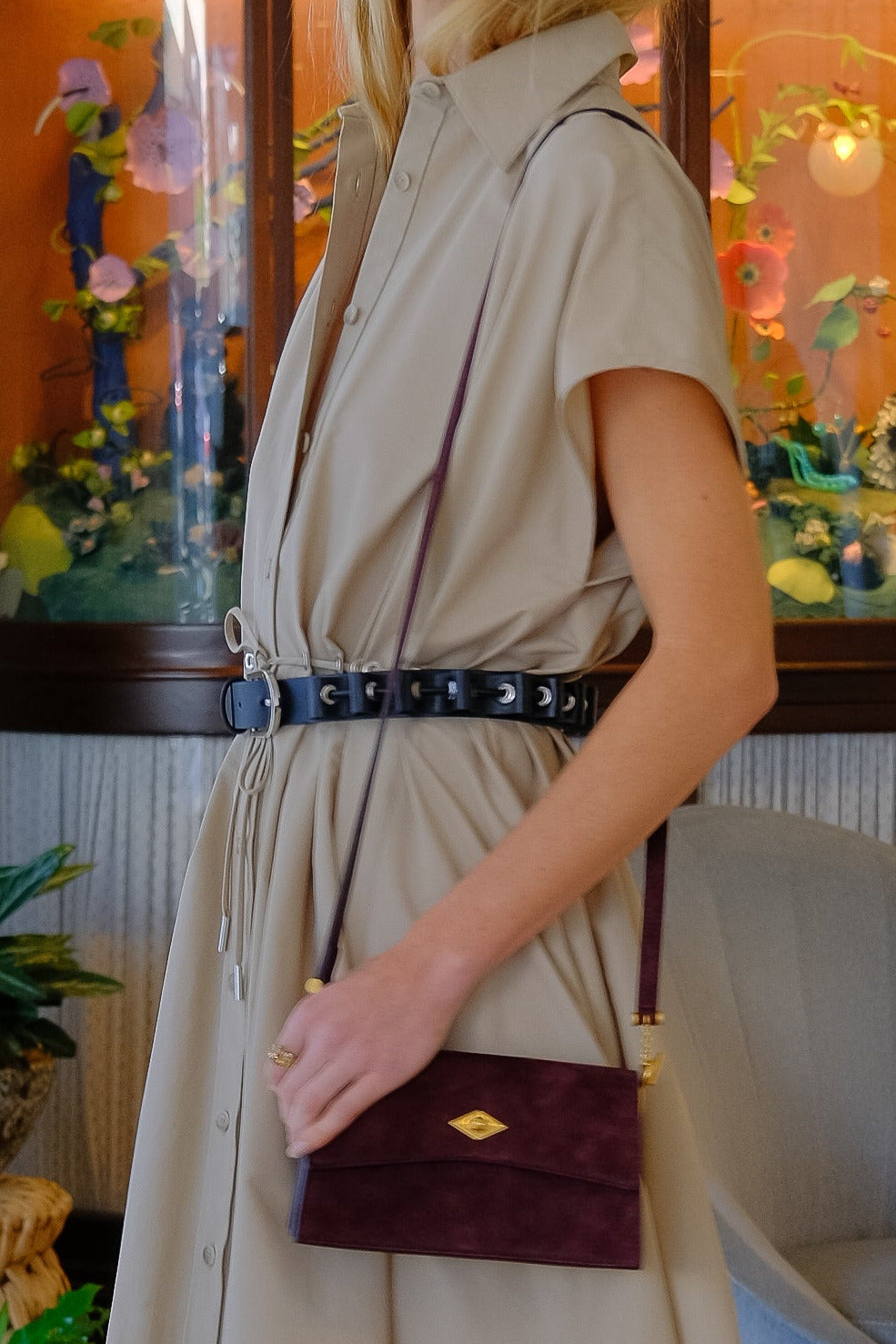 Woman wearing a black Brandon Maxwell eyelet belt available in Charlotte, NC and Brentwood, CA