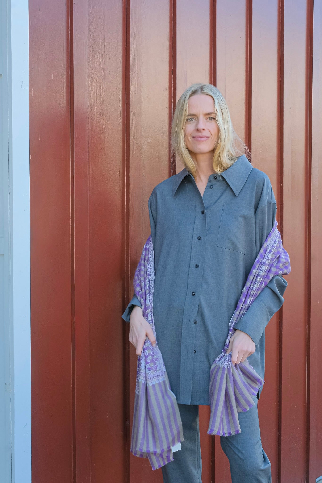 CO melange grey overshirt with long sleeves, button front, and collared neckline. Available in Brentwood, CA and Charlotte, NC.