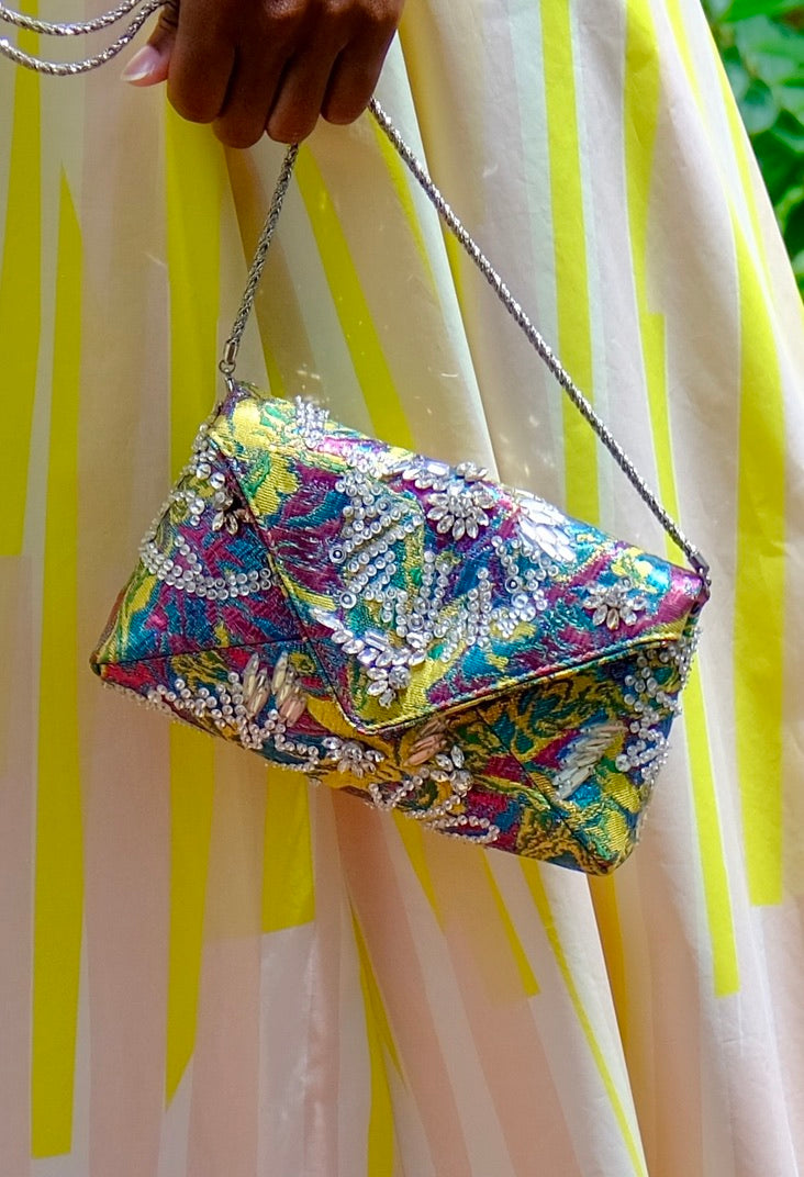 DRIES VAN NOTEN | CRYSTAL EMBELLISHED LAMÉ FLORAL JACQUARD CLUTCH | WOMEN'S LUXURY DESIGNER CLOTHING, JEWELRY & ACCESSORIES | CAPITOL CHARLOTTE, NC & BRENTWOOD, CA