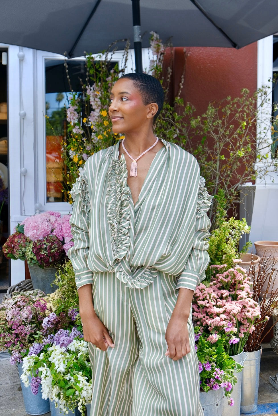 DRIES VAN NOTEN | CUPRO STRIPED RUFFLE DRAWSTRING TOP | WOMEN'S LUXURY DESIGNER CLOTHING, SHOES, HANDBAGS & JEWELRY | CAPITOL CHARLOTTE, NC & BRENTWOOD, CA