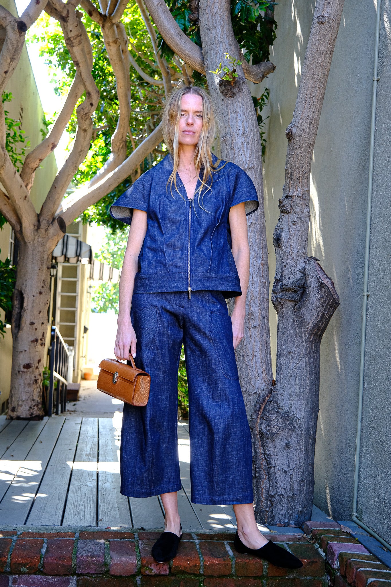 ZERO + MARIA CORNEJO | SHORT SLEEVE V-NECK DENIM SHRUG TOP