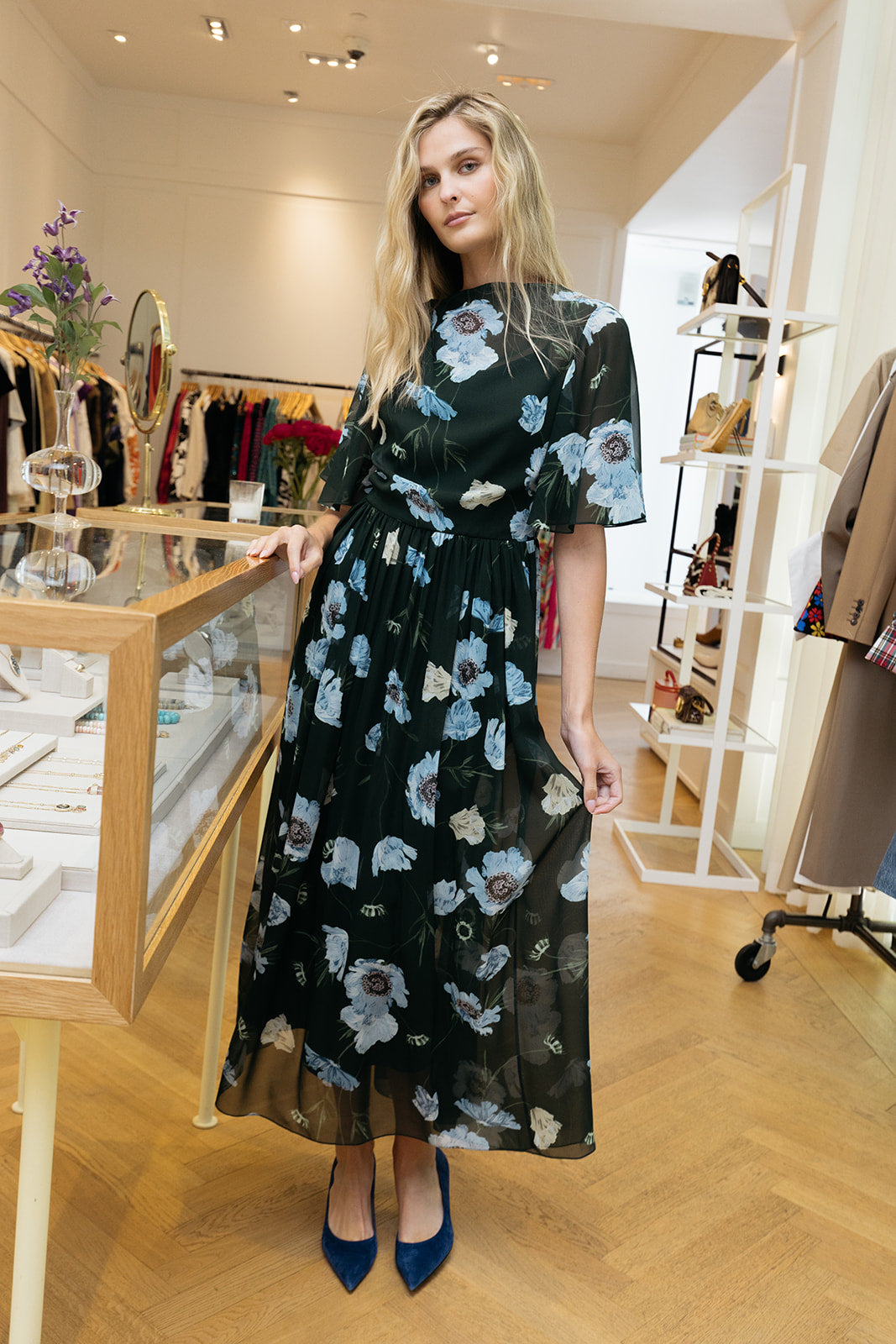 ERDEM | VOILE FLORAL MIDI DRESS | WOMEN'S LUXURY DESIGNER CLOTHING, JEWELRY & ACCESSORIES | CAPITOL CHARLOTTE, NC & BRENTWOOD, CA