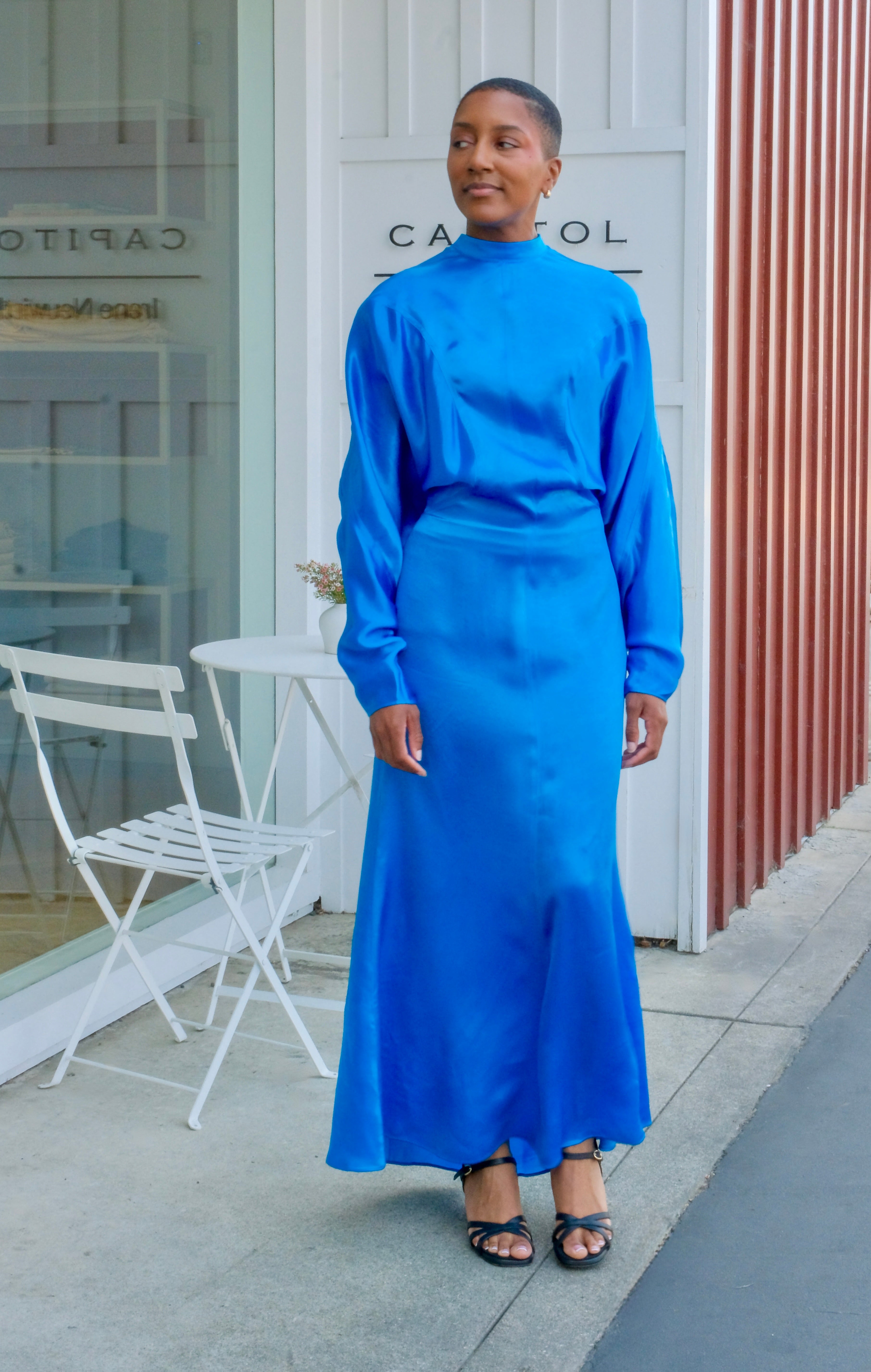 FFORME | PEACOCK BLUE HIGHNECK RAMI DRESS | WOMEN'S LUXURY DESIGNER CLOTHING, SHOES, HANDBAGS & JEWELRY | CAPITOL CHARLOTTE, NC & BRENTWOOD, CA
