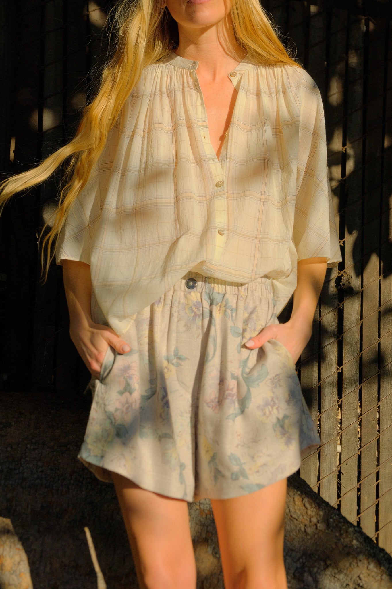 FORTE FORTE | CREPE VOILE SHIRT | Flowy button-up blouse | White | Semi-sheer Lattamenta plaid print | Light pink embroidery band from front shoulders, across top of back | Full button front closure | Band collar | Loose half sleeves | Composition: 100% cotton | Care: Hand wash or dry clean | Made in Italy