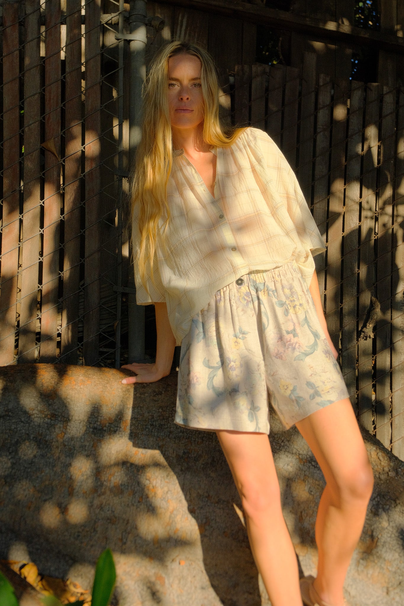 FORTE FORTE | CREPE VOILE SHIRT | Flowy button-up blouse | White | Semi-sheer Lattamenta plaid print | Light pink embroidery band from front shoulders, across top of back | Full button front closure | Band collar | Loose half sleeves | Composition: 100% cotton | Care: Hand wash or dry clean | Made in Italy