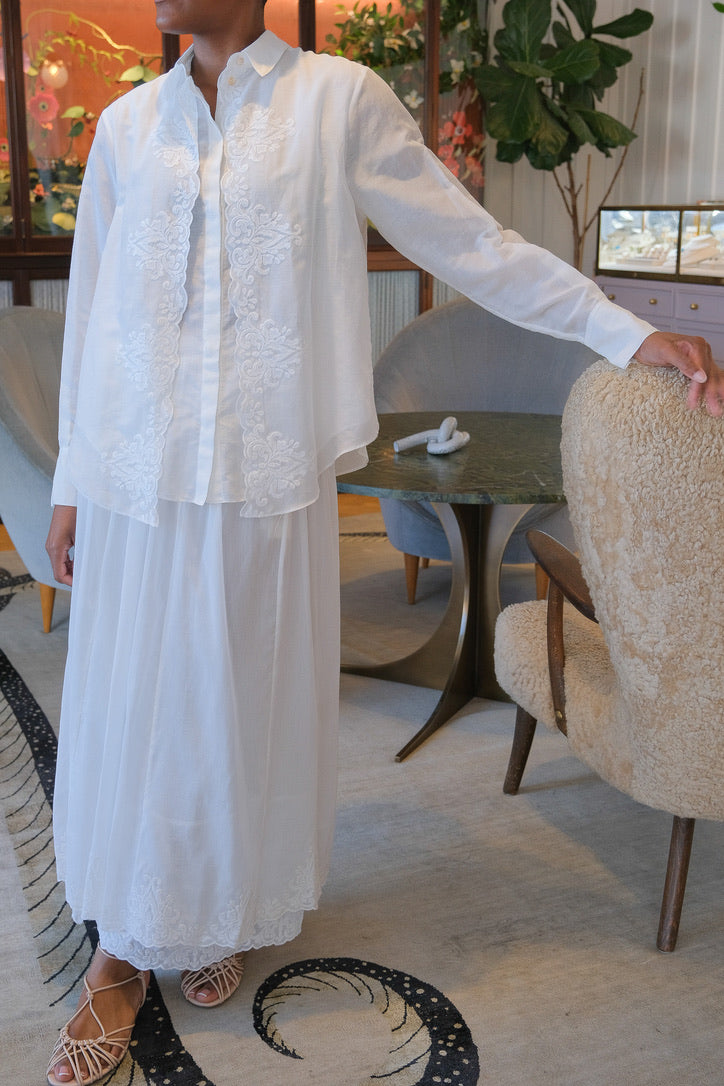 White voile skirt with lace detail from Forte Forte available in Charlotte, NC and Brentwood, CA.