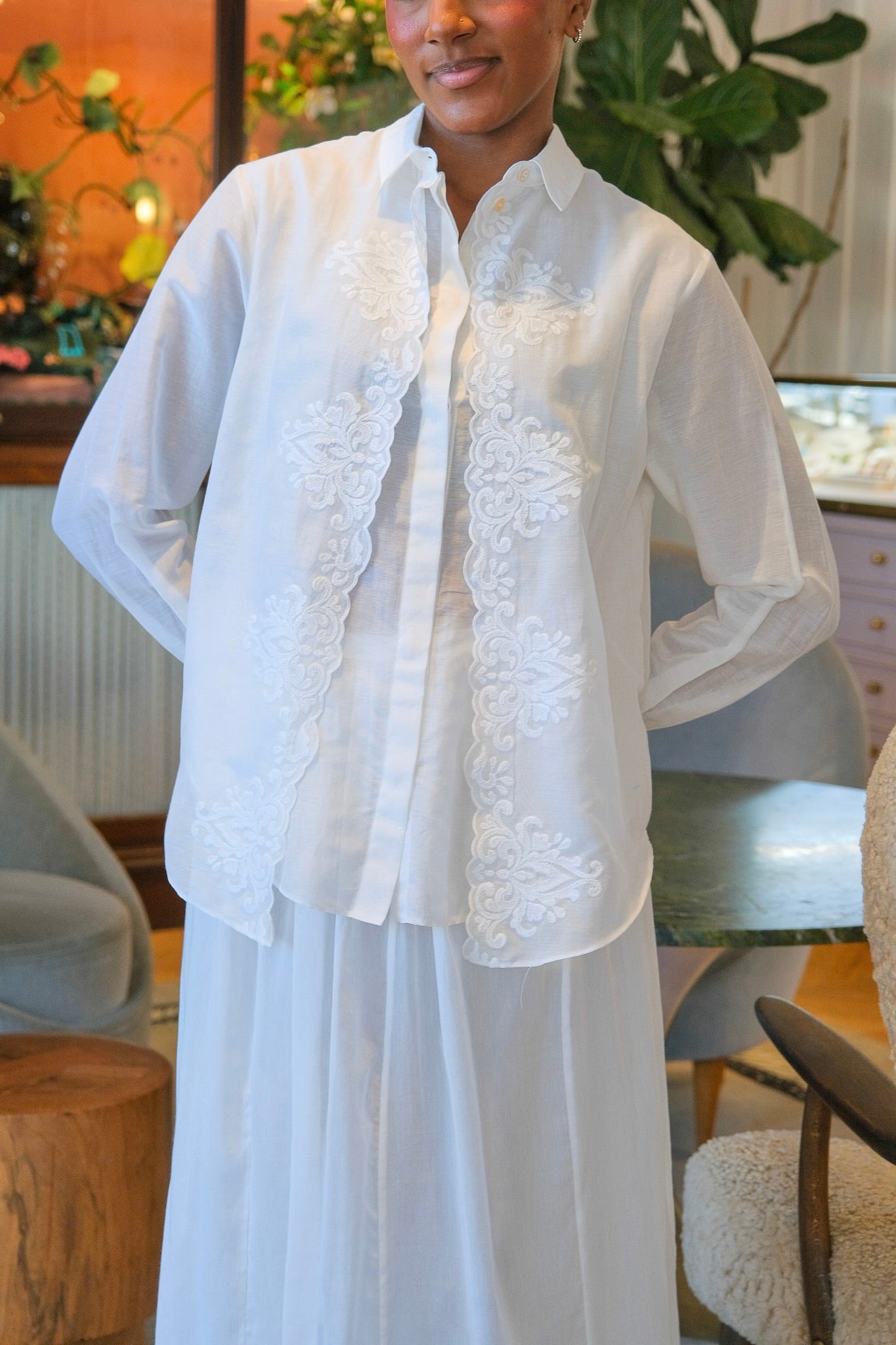 Forte Forte while voile button down with lace detailing and collared neckline.