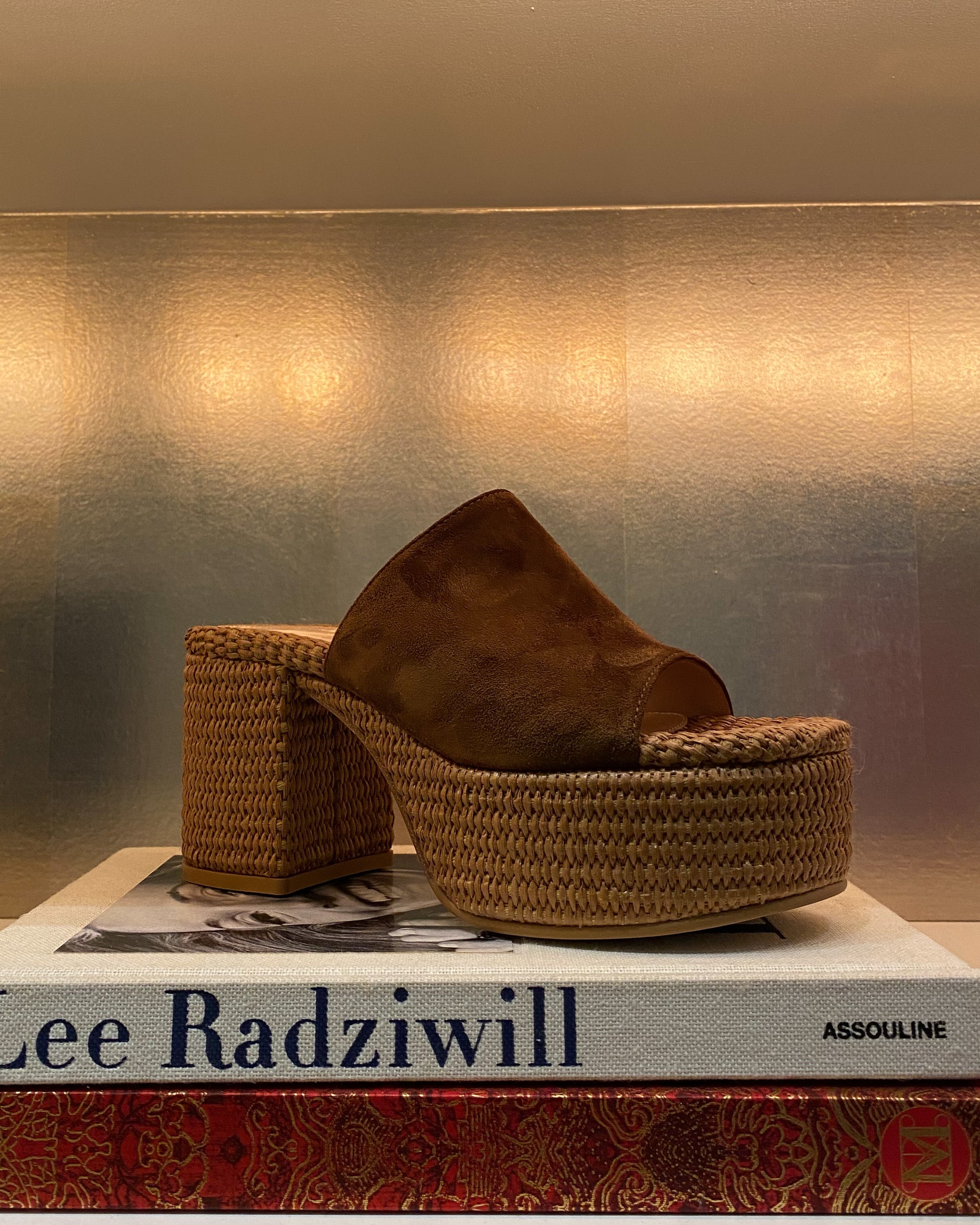 GIANVITO ROSSI | SUEDE AND RAFFIA PLATFORM | Suede and raffia platform heel | Slip on mule design | Raffia platform and heel | Suede upper | Heel height: Approximately 3.5" | Platform height: Approximately 1.8"