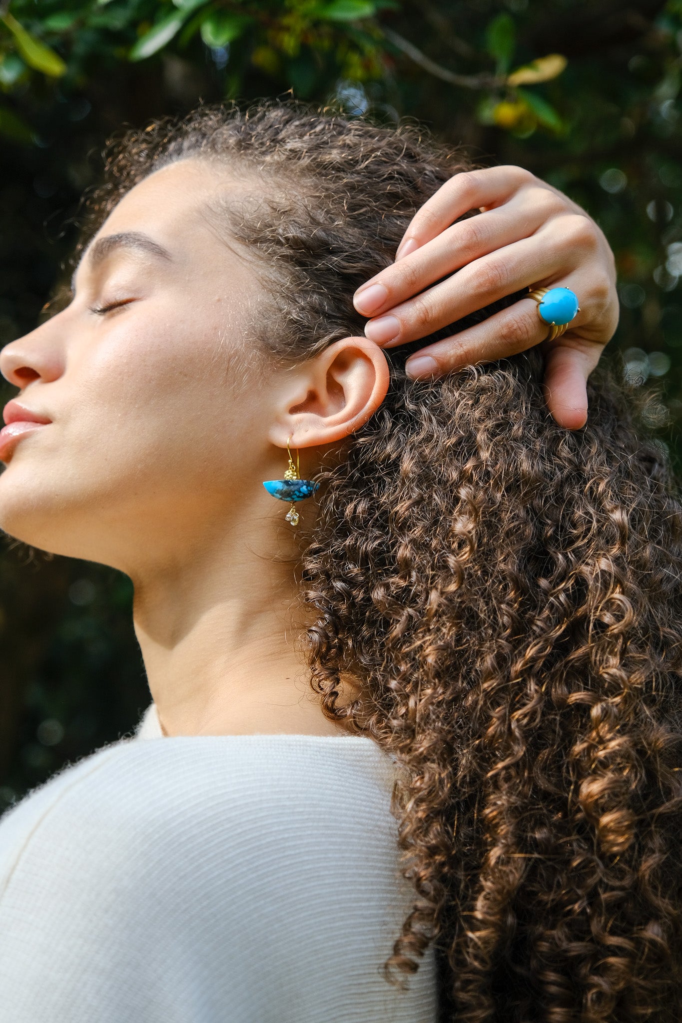 HABLE | TURQUOISE BOAT EARRINGS | Hand-carved turquoise stone dangle earrings | Set in 18k gold | Featuring briolette diamond drops | Charlotte, NC