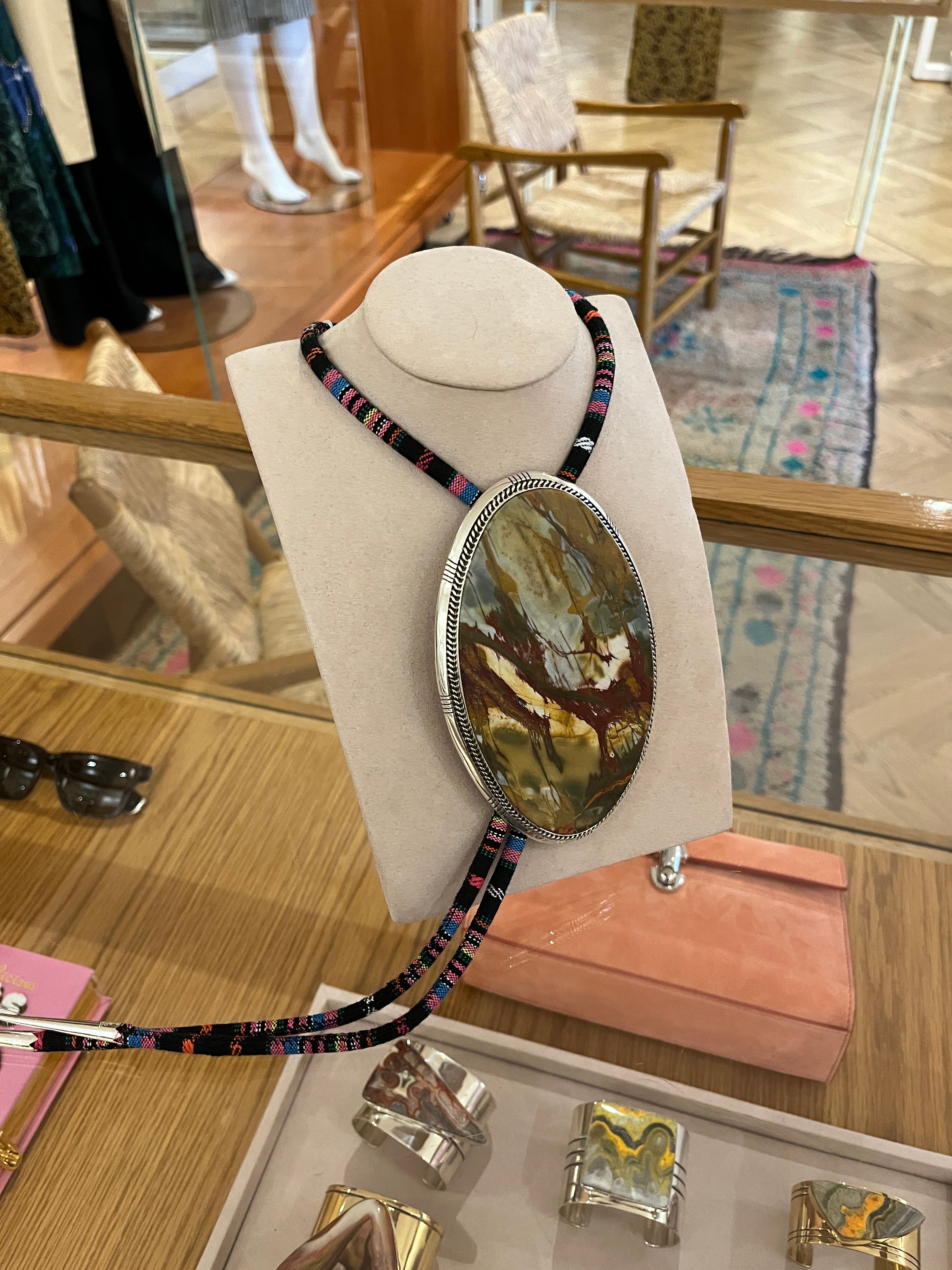 JODY CANDRIAN | ETCHED STERLING BOLO WITH APACHE DENDRITIC JASPER