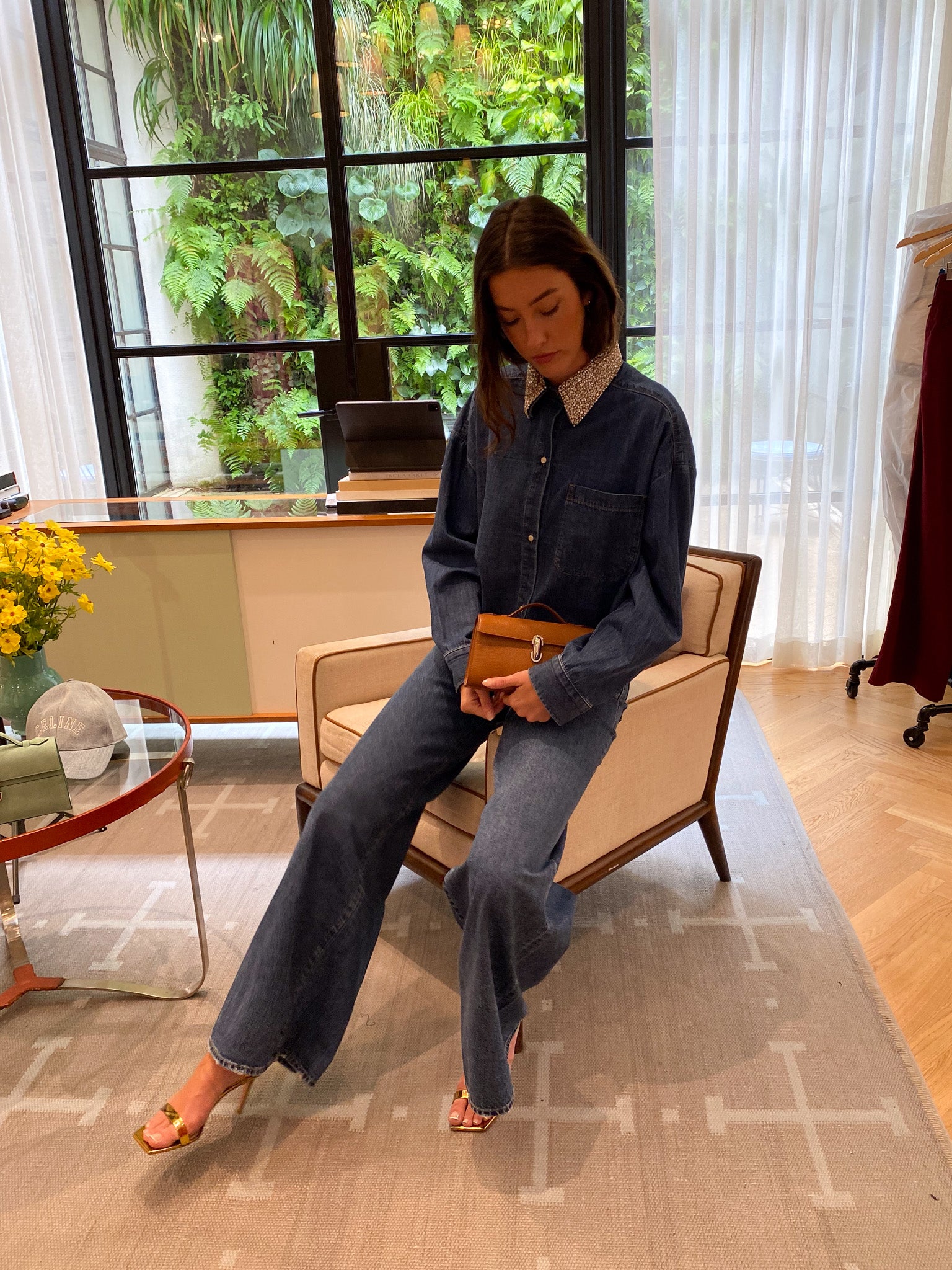 TWP | LONG SLEEVE DENIM NEXT EX TOP WITH CRYSTAL COLLAR