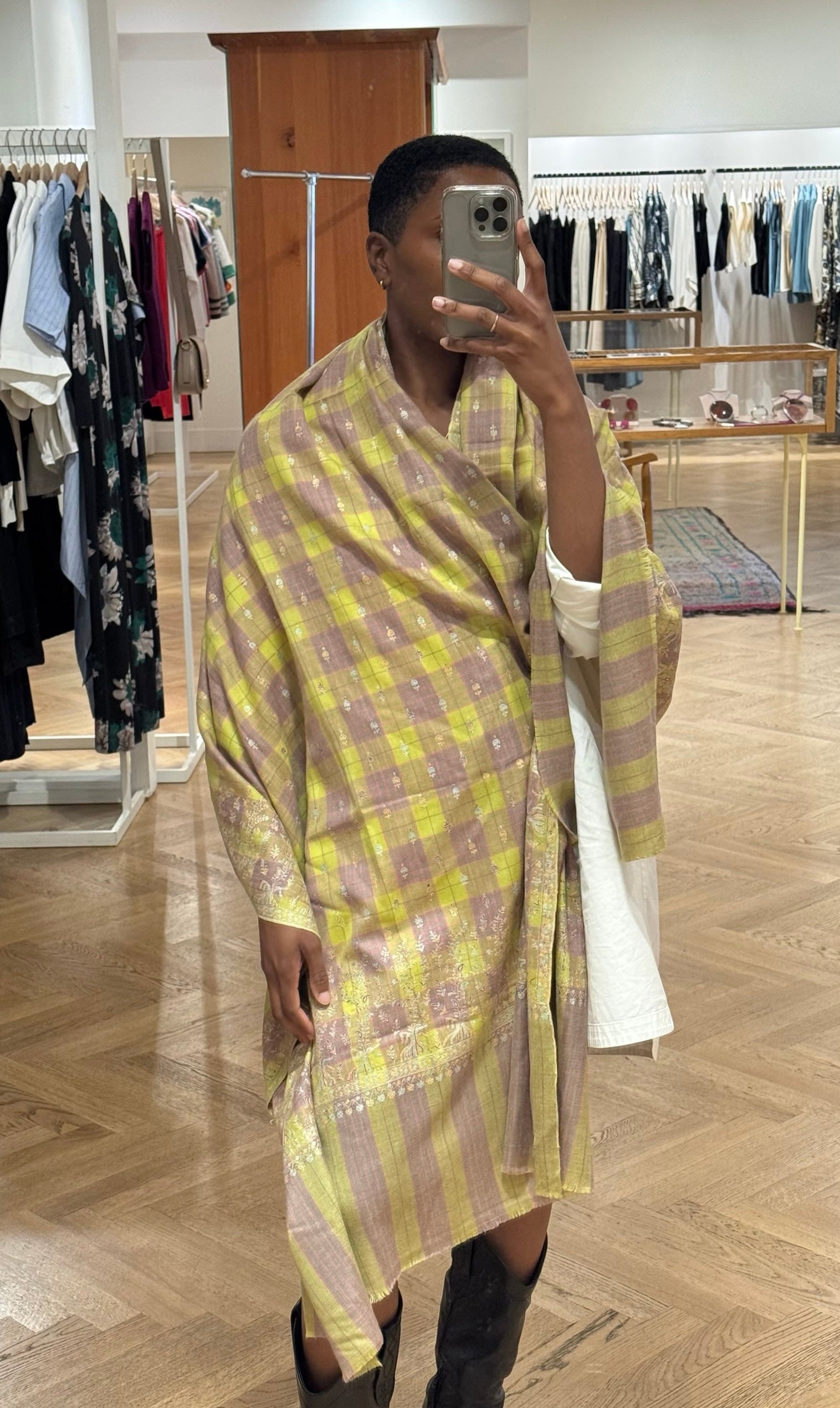 YASER | CHECK MINI FLORAL BORDER SHAWL
