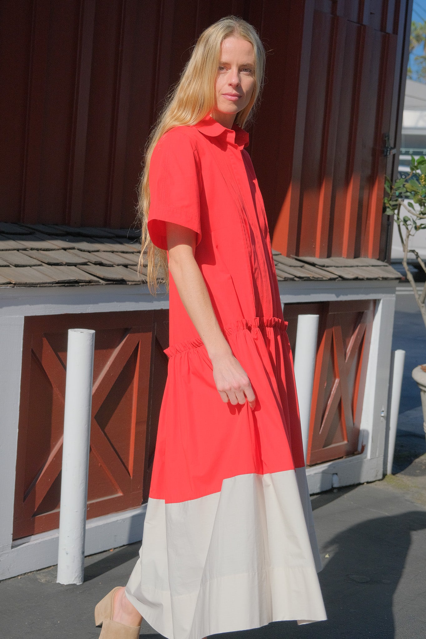 Lee Mathews red and white colorblock shirtdress available in Charlotte, NC and Brentwood, CA.