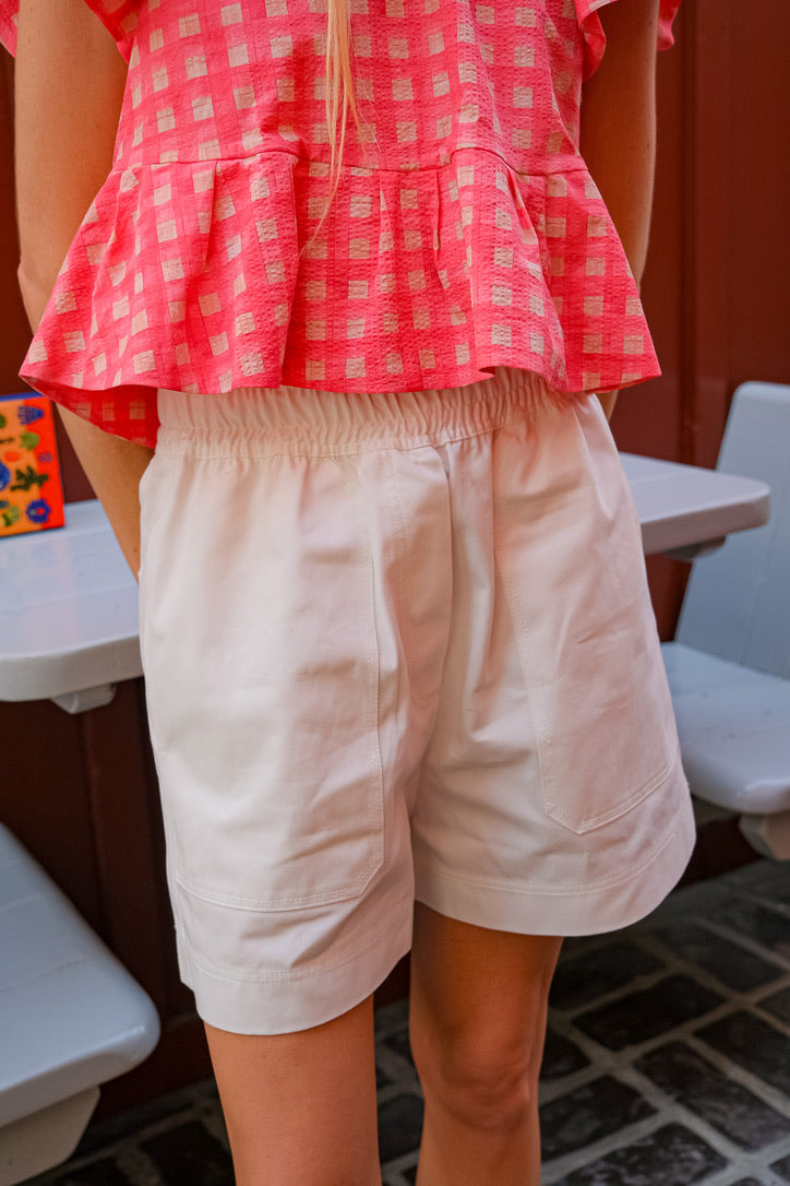 Lee Mathews white cargo shorts with drawstring available in Charlotte, NC and Brentwood, CA.