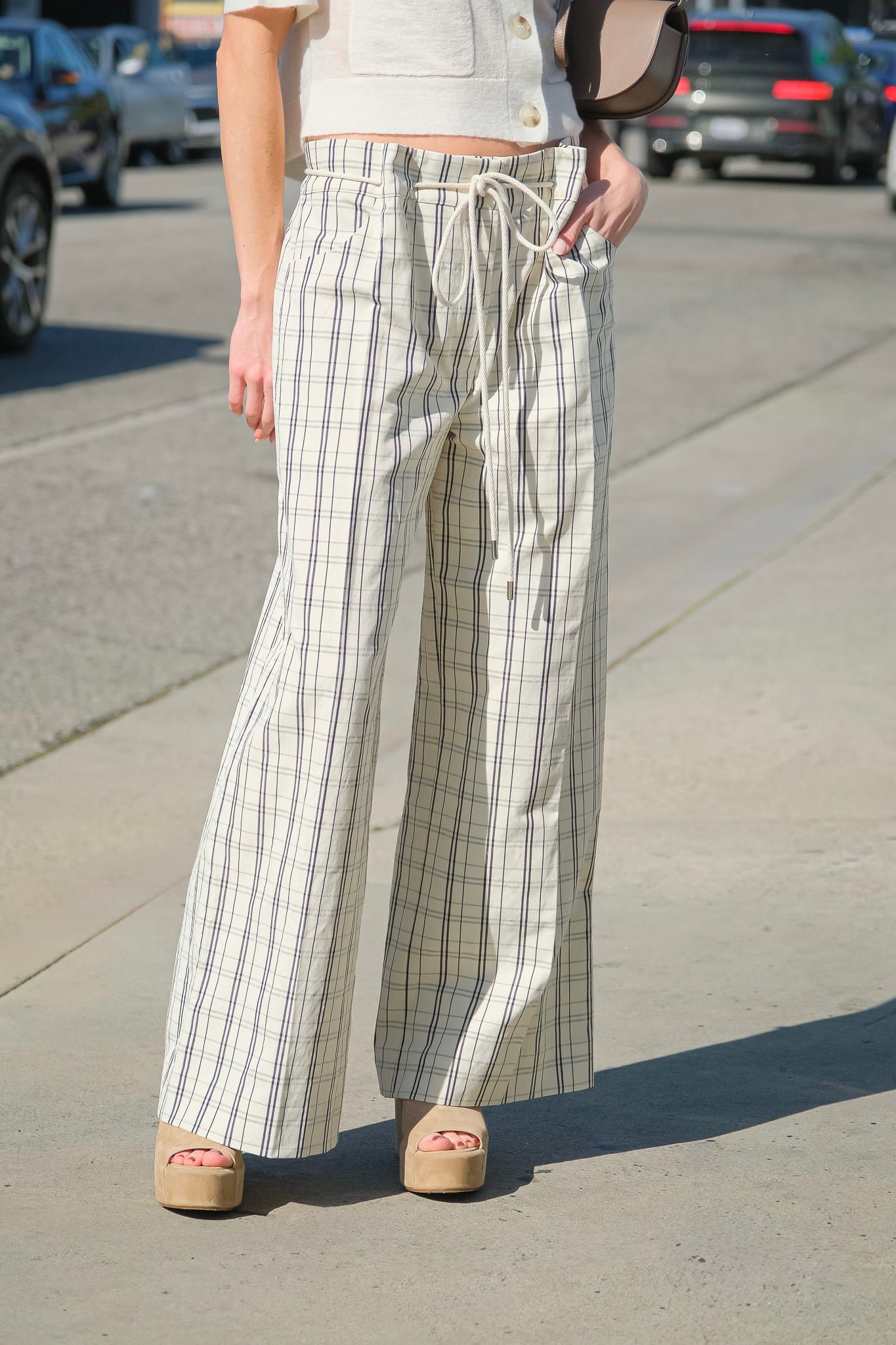 Lee Mathews plaid pants with front pleats and a high waist. Available in Charlotte, NC and Brentwood, CA.