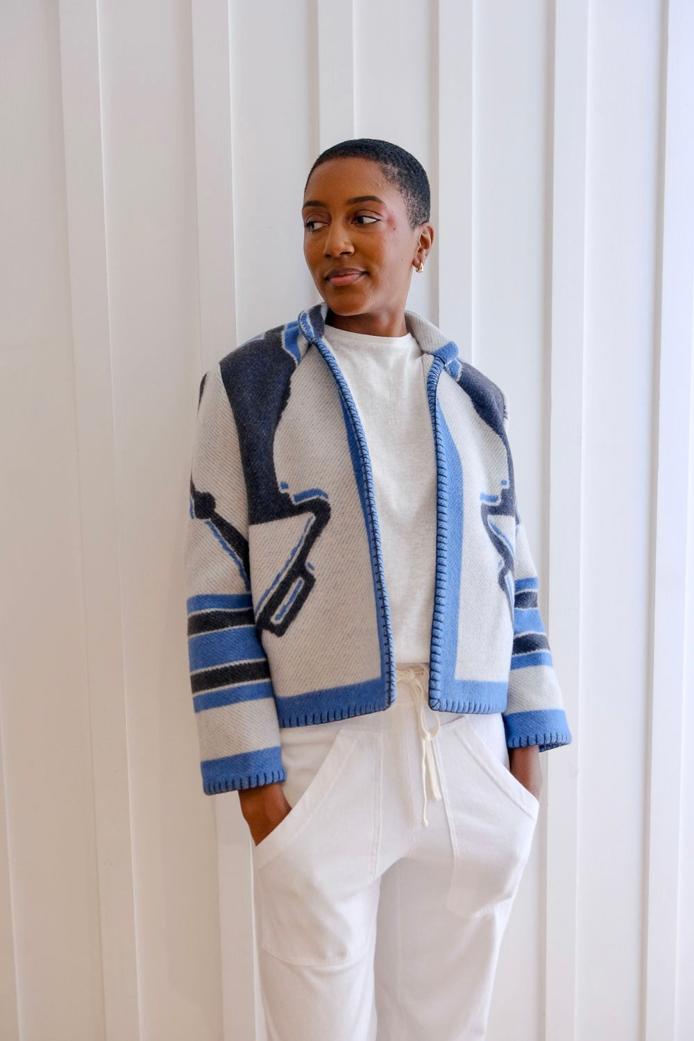 LILY EVE | NAVY BUCKLE BLANKET JACKET | WOMEN'S LUXURY DESIGNER CLOTHING, SHOES, HANDBAGS & JEWELRY | CAPITOL CHARLOTTE, NC & BRENTWOOD, CA