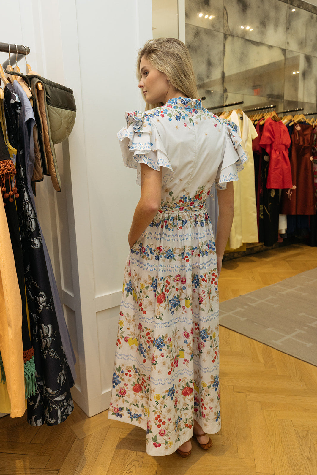 MARY KATRANTZOU | POPLIN FRUIT PRINTED ROSANNA MIDI DRESS | WOMEN'S LUXURY DESIGNER CLOTHING, JEWELRY & ACCESSORIES | CAPITOL CHARLOTTE, NC & BRENTWOOD, CA