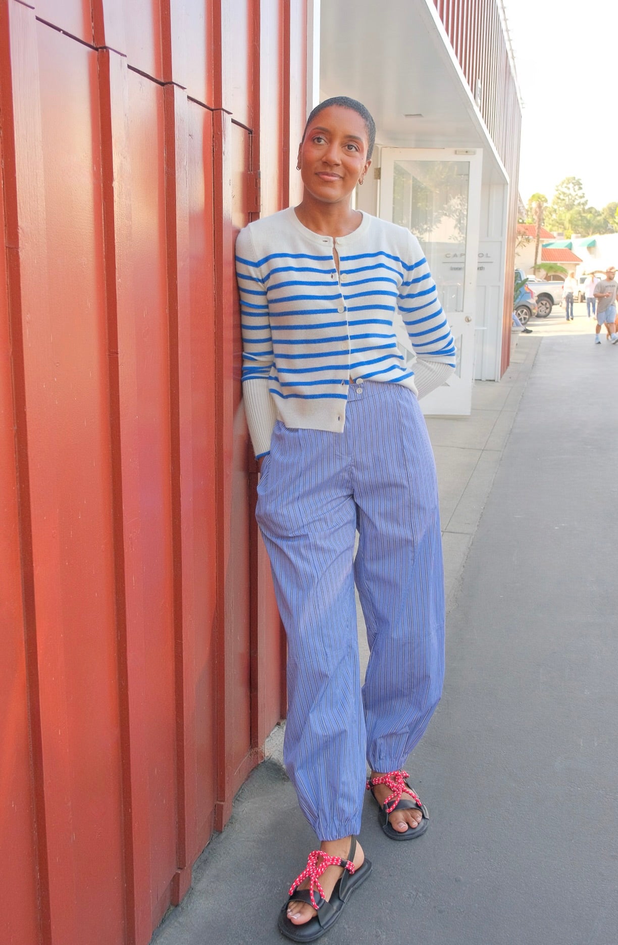 blue and white striped dress pants NACKIYE | BLUE STRIPE TOPKAPI PANTS