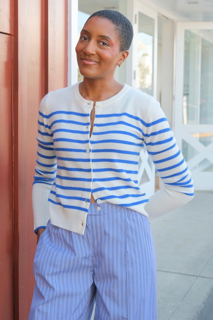 Nackiye blue and white striped Topaki pants with an elasticated waistband and hems. Available in Charlotte, NC and Brentwood, CA.