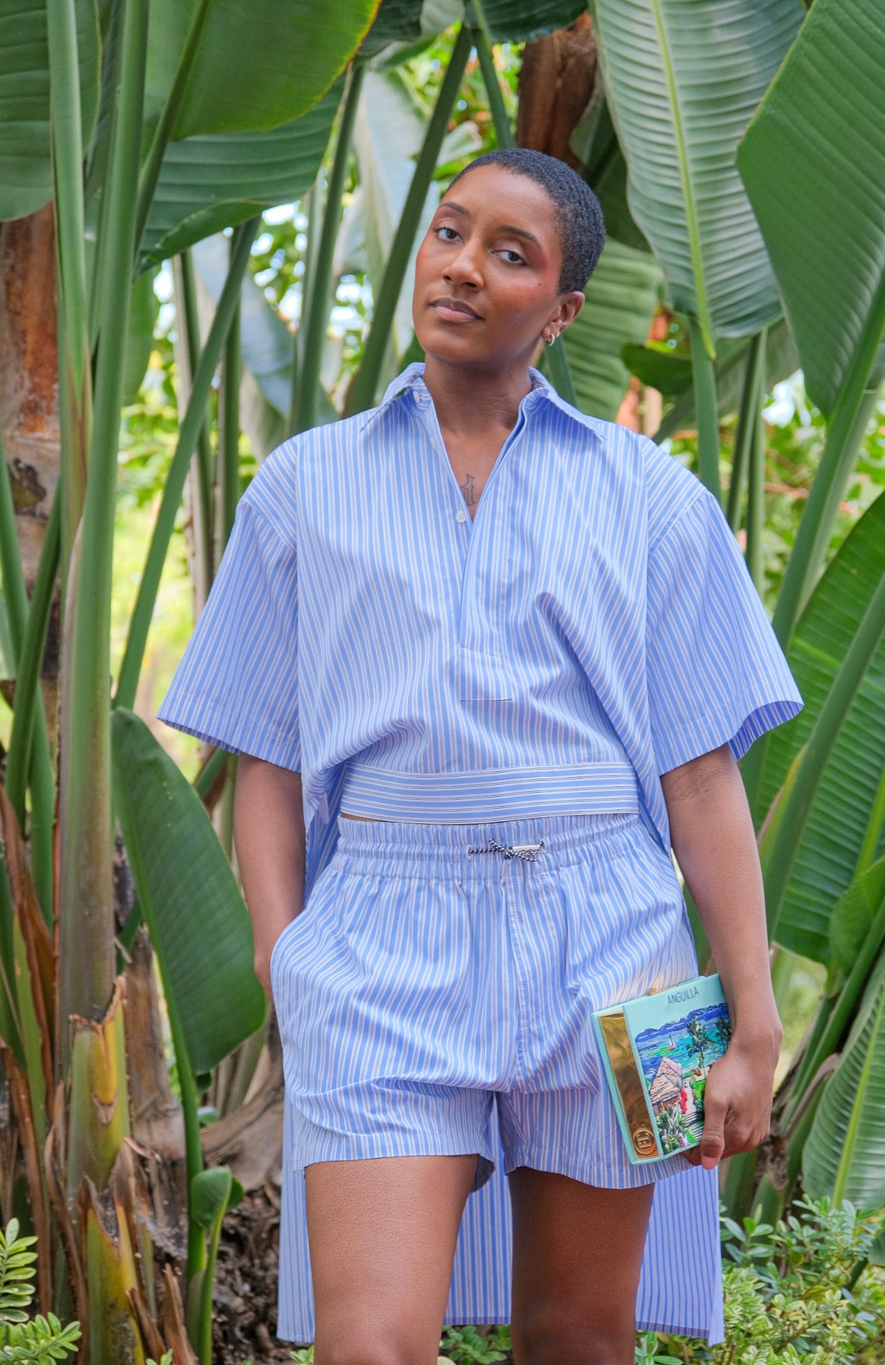 Blue and white drawstring striped shorts from Plan C. Available in Charlotte, NC and Brentwood, CA.