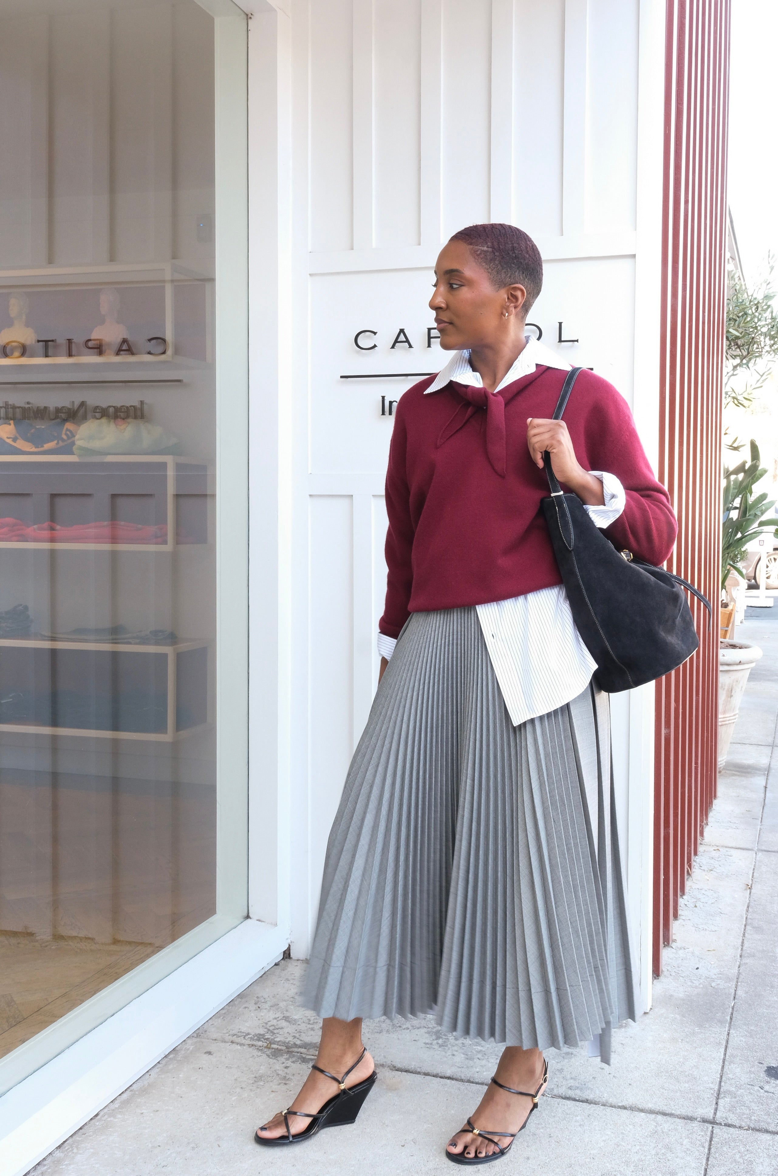 PLAN C | ASYMMETRICAL HEM PLISSE MIDI SKIRT