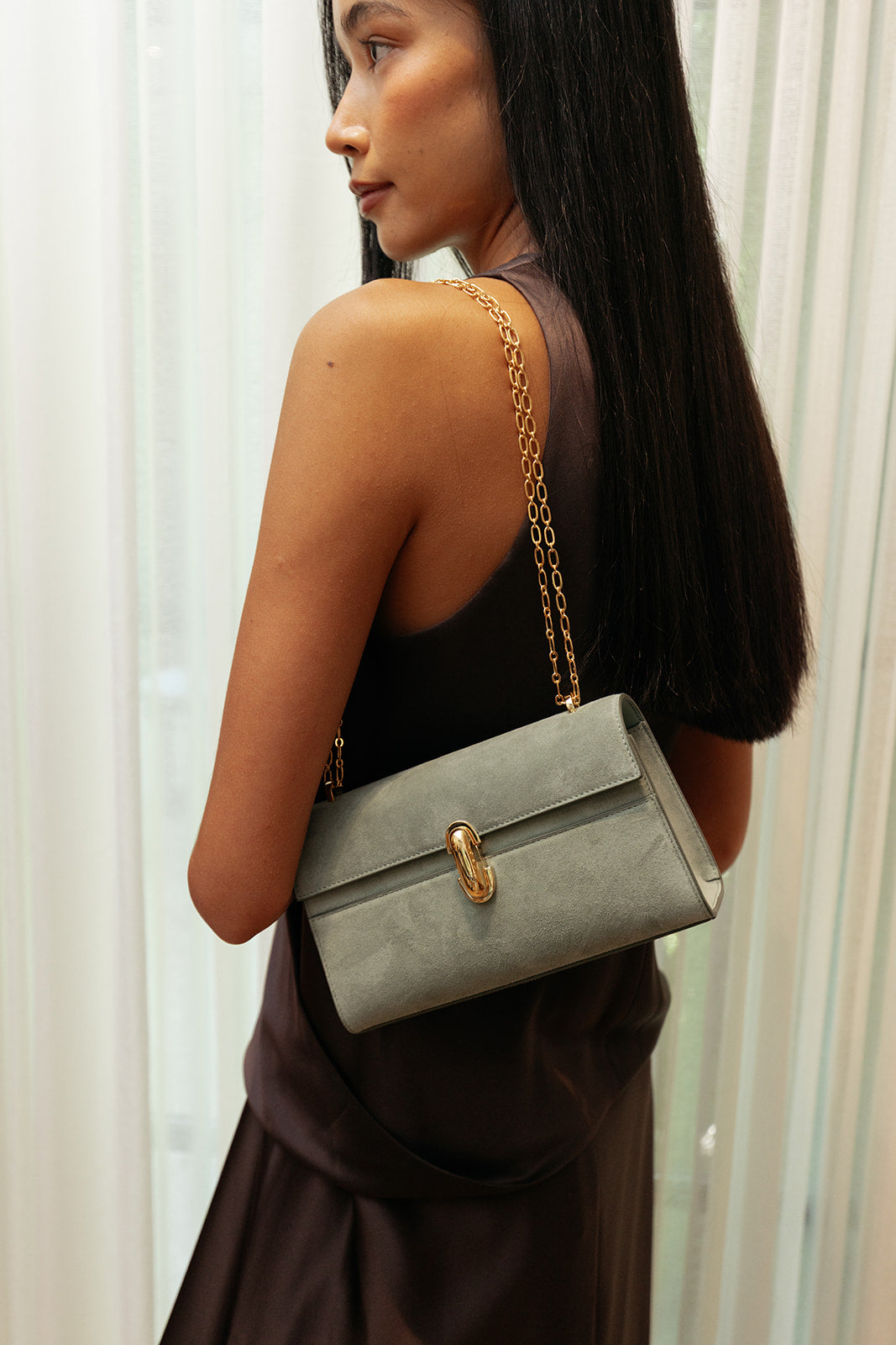 SAVETTE | SUEDE SYMMETRY CROSSBODY CHAIN POCHETTE | WOMEN'S LUXURY DESIGNER CLOTHING, SHOES, HANDBAGS & JEWELRY | CAPITOL CHARLOTTE, NC & BRENTWOOD, CA