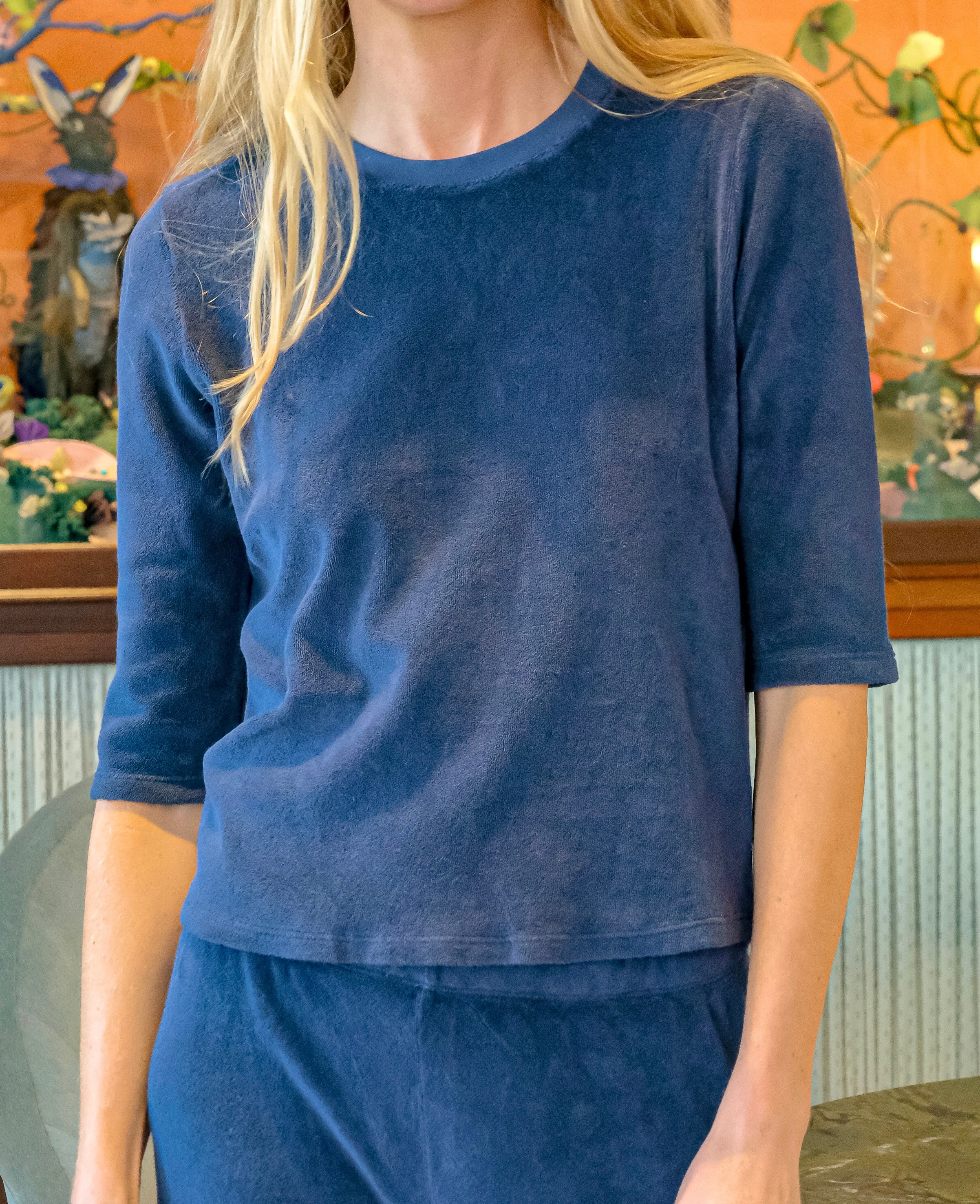 Navy cotton-blend terry elbow-sleeve crew top from Suzie Kondi with a slim, tapered silhouette. Available in Brentwood, CA and Charlotte, NC.