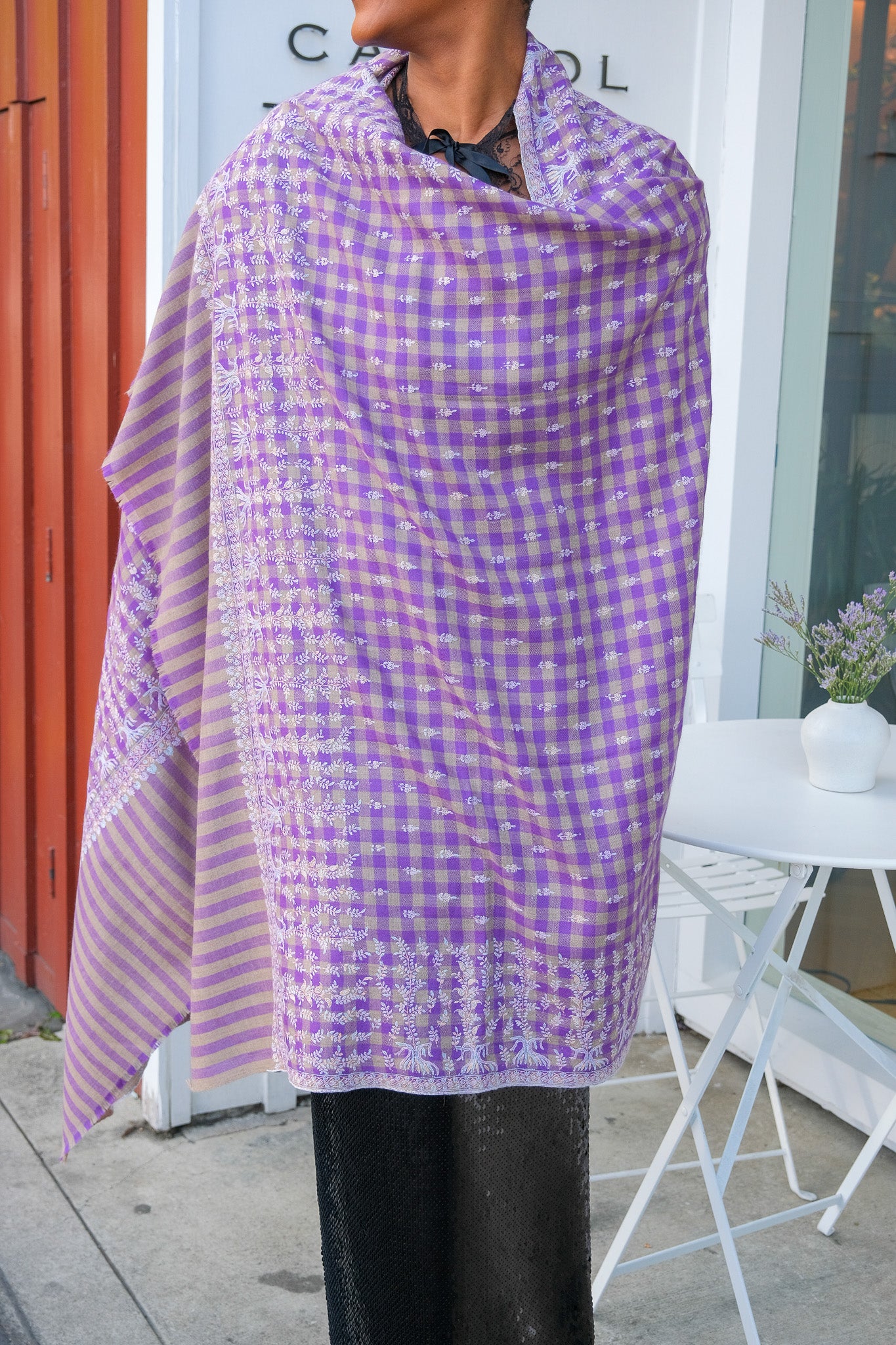 YASER SHAW | PLAID INTRICATE VINE SHAWL | WOMEN'S LUXURY DESIGNER CLOTHING, SHOES, HANDBAGS & JEWELRY | CAPITOL CHARLOTTE, NC & BRENTWOOD, CA