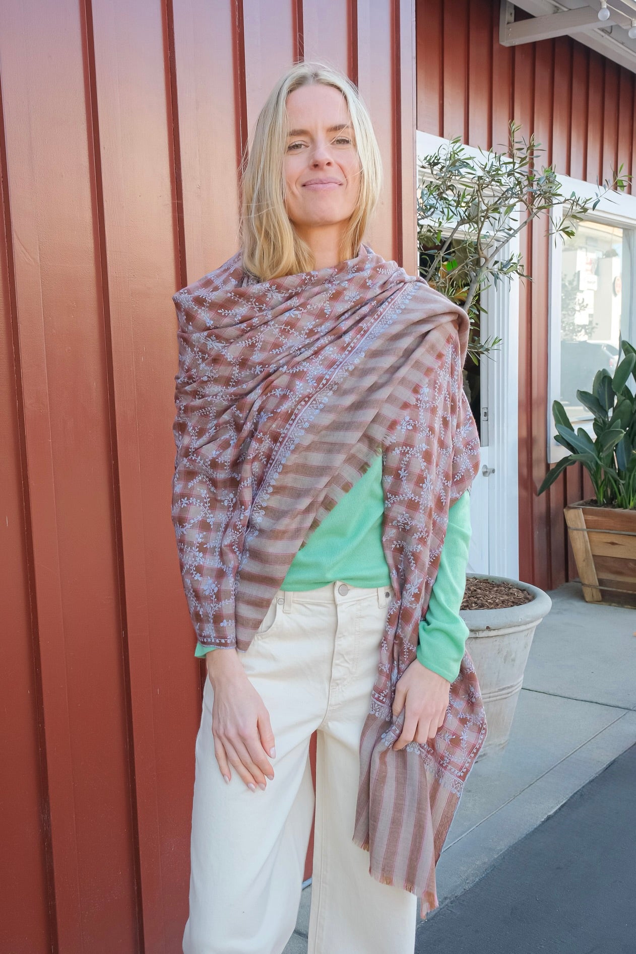 YASER SHAW | BROWN PLAID VINE SHAWL | WOMEN'S LUXURY DESIGNER CLOTHING, SHOES, HANDBAGS & JEWELRY | CAPITOL CHARLOTTE, NC & BRENTWOOD, CA