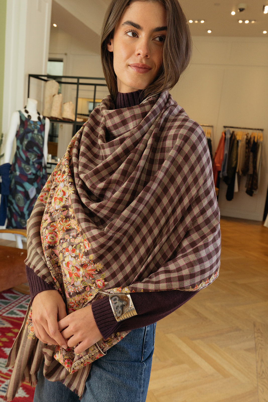 YASER | CHECK INTRICATE BORDER SHAWL | WOMEN'S LUXURY DESIGNER CLOTHING, SHOES, HANDBAGS & JEWELRY | CAPITOL CHARLOTTE, NC & BRENTWOOD, CA