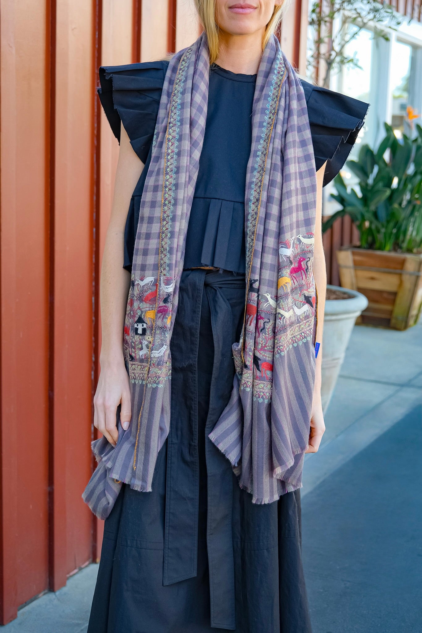 YASER SHAW | GREY CHECK SAFARI BORDER SHAWL | WOMEN'S LUXURY DESIGNER CLOTHING, SHOES, HANDBAGS & JEWELRY | CAPITOL CHARLOTTE, NC & BRENTWOOD, CA