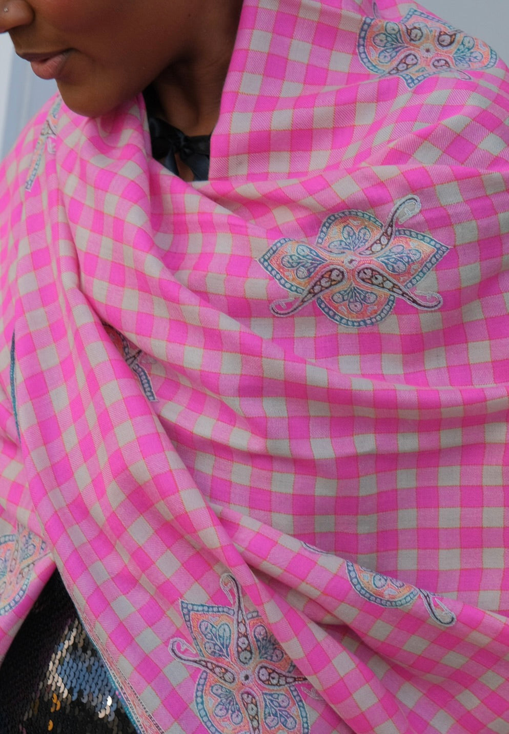 Yaser Shaw pink plaid shawl with multicolor motif embroidery available in Brentwood, CA.