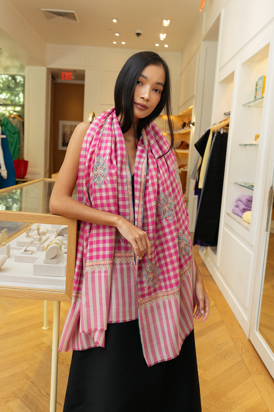 YASER SHAW | PINK PLAID MOTIF SHAWL | WOMEN'S LUXURY DESIGNER CLOTHING, SHOES, HANDBAGS & JEWELRY | CAPITOL CHARLOTTE, NC & BRENTWOOD, CA