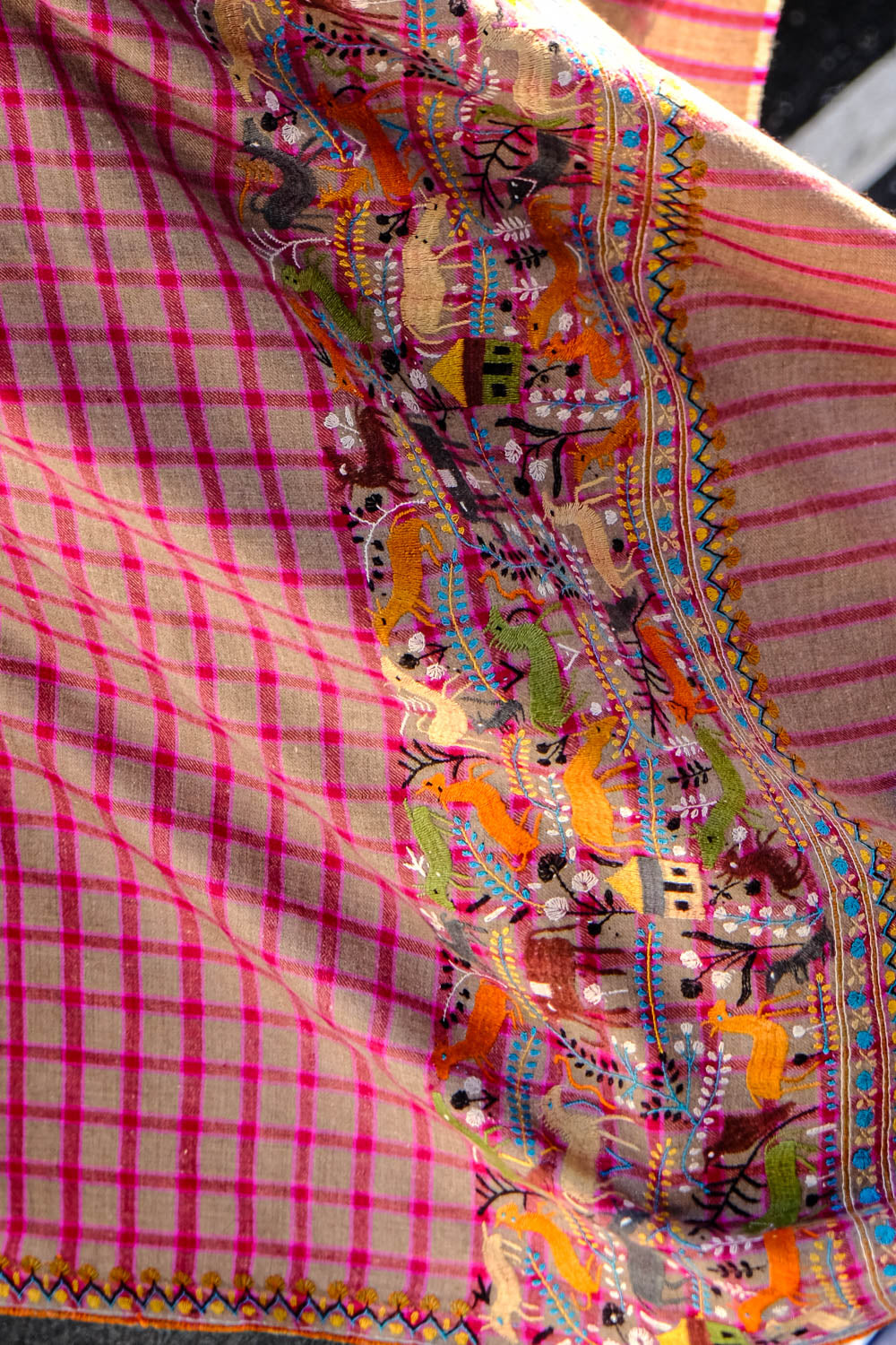 YASER SHAW | PINK PLAID SAFARI SHAWL | WOMEN'S LUXURY DESIGNER CLOTHING, SHOES, HANDBAGS & JEWELRY | CAPITOL CHARLOTTE, NC & BRENTWOOD, CA