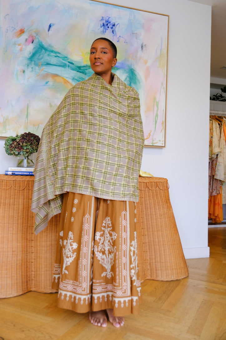 YASER SHAW | PLAID MINI FLOWER EMBROIDERED SHAWL | WOMEN'S LUXURY DESIGNER CLOTHING, SHOES, HANDBAGS & JEWELRY | CAPITOL CHARLOTTE, NC & BRENTWOOD, CA
