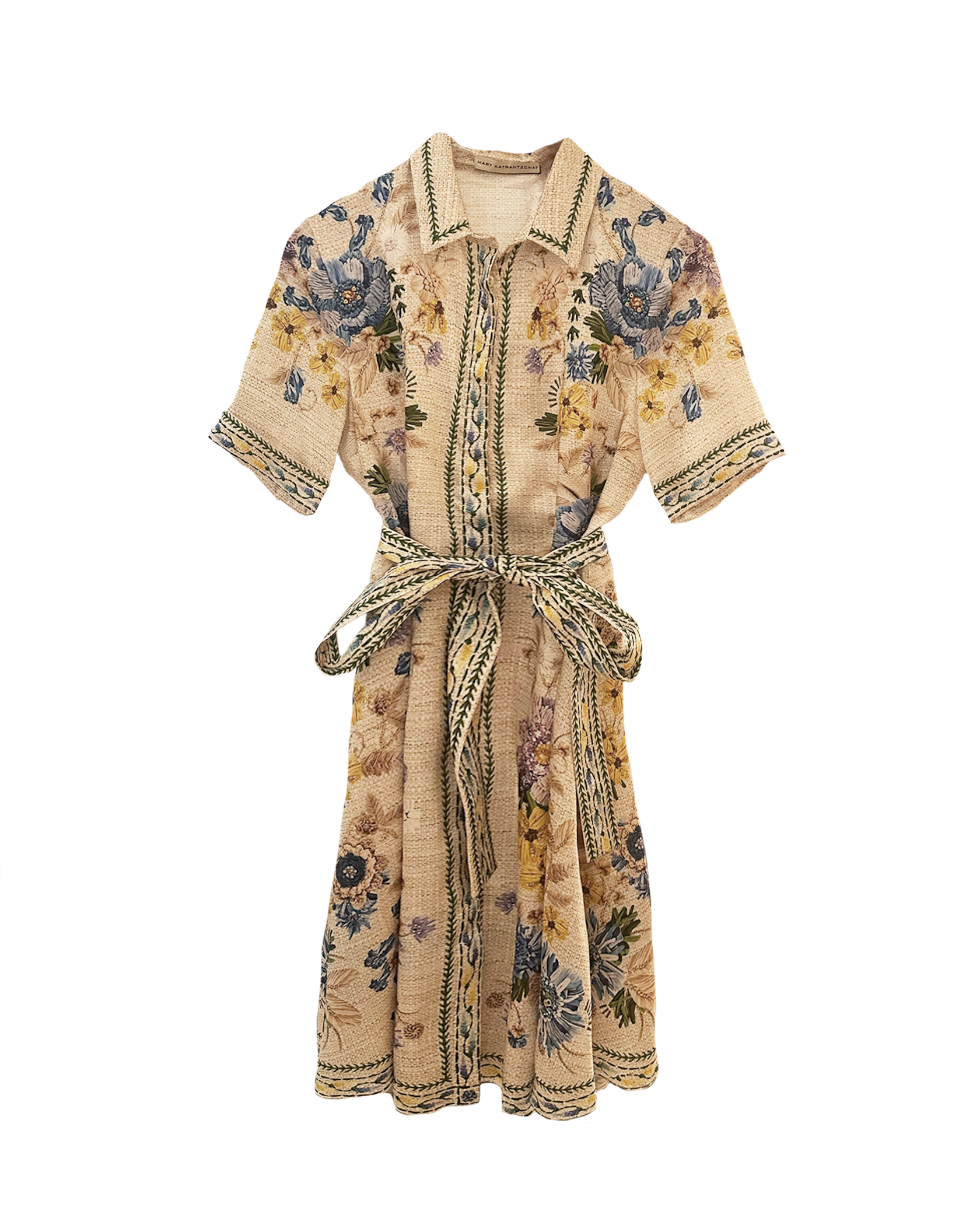 MARY KATRANTZOU | SHORT SLEEVE PRINTED TWILL CHIMA MINI DRESS