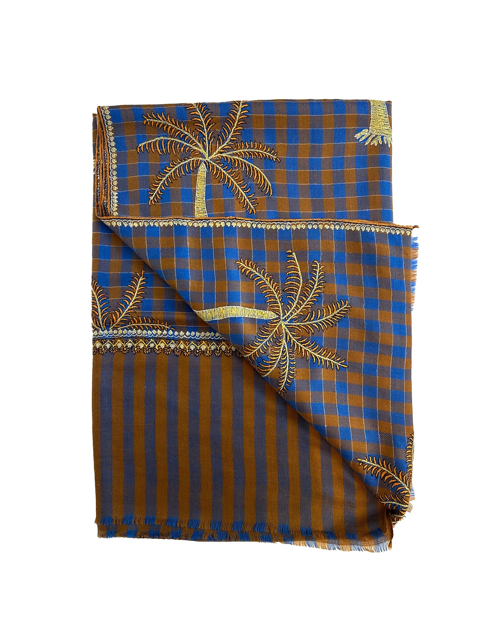 YASER SHAW | BLUE BROWN PLAID PALM TREE SHAWL | WOMEN'S LUXURY DESIGNER CLOTHING, SHOES, HANDBAGS & JEWELRY | CAPITOL CHARLOTTE, NC & BRENTWOOD, CA