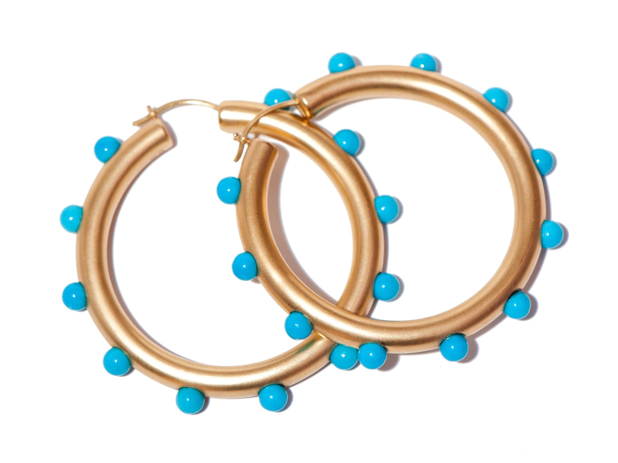 YELLOW GOLD HOOPS WITH TURQUOISE  GUMBALLS