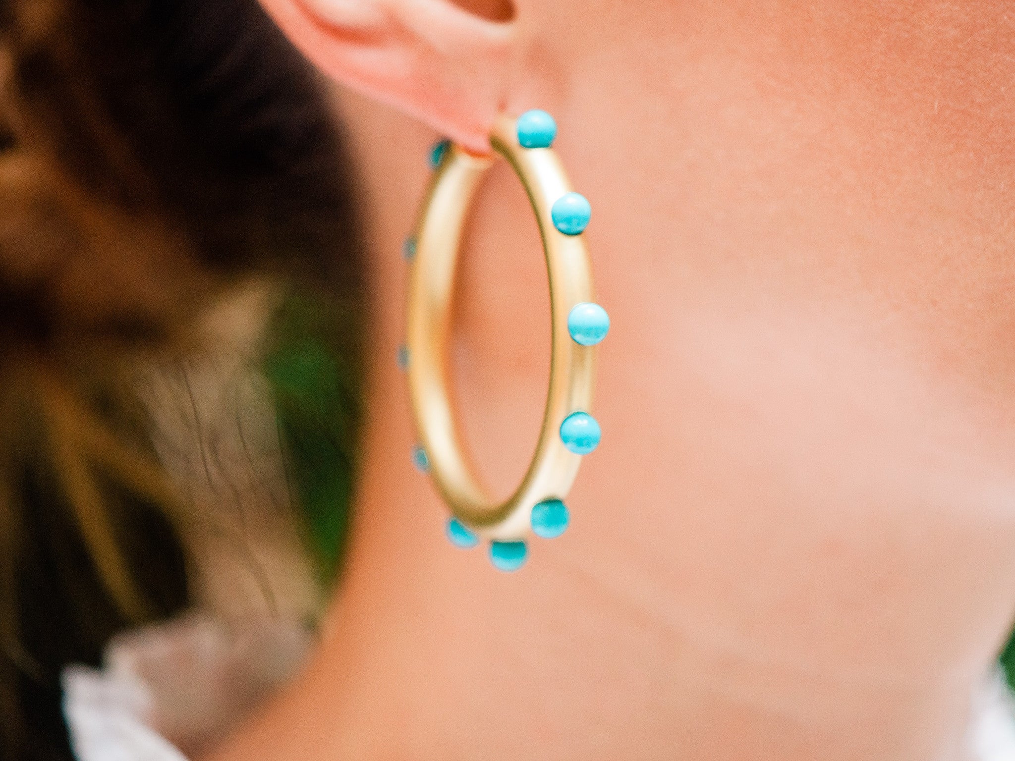 YELLOW GOLD HOOPS WITH TURQUOISE  GUMBALLS