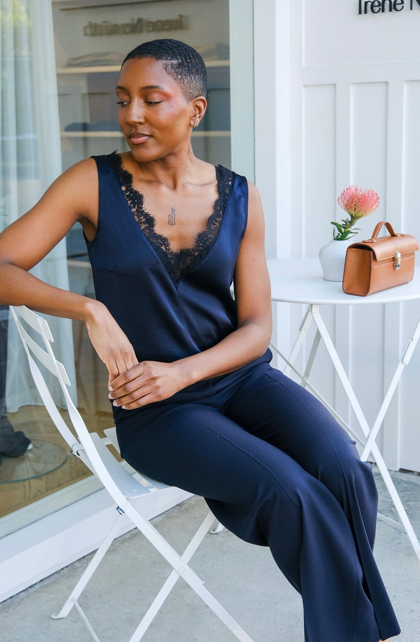 OFFICINE GENERALE | SATIN V-NECK LIANA LACE TOP